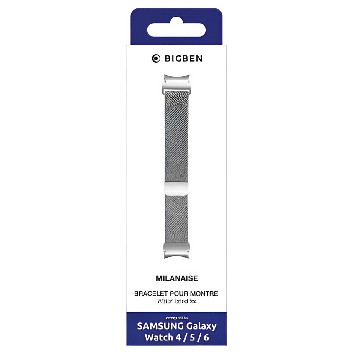 Un cinturino per orologio in una confezione. Il cinturino è in stile milanese argento. La confezione è bianca con dettagli blu e il logo Bigben.