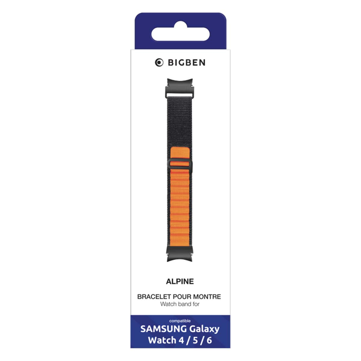 Un cinturino per orologio in una confezione. Ha colori nero e arancione ed è compatibile con Samsung Galaxy Watch 4/5/6. Il marchio è Bigben.