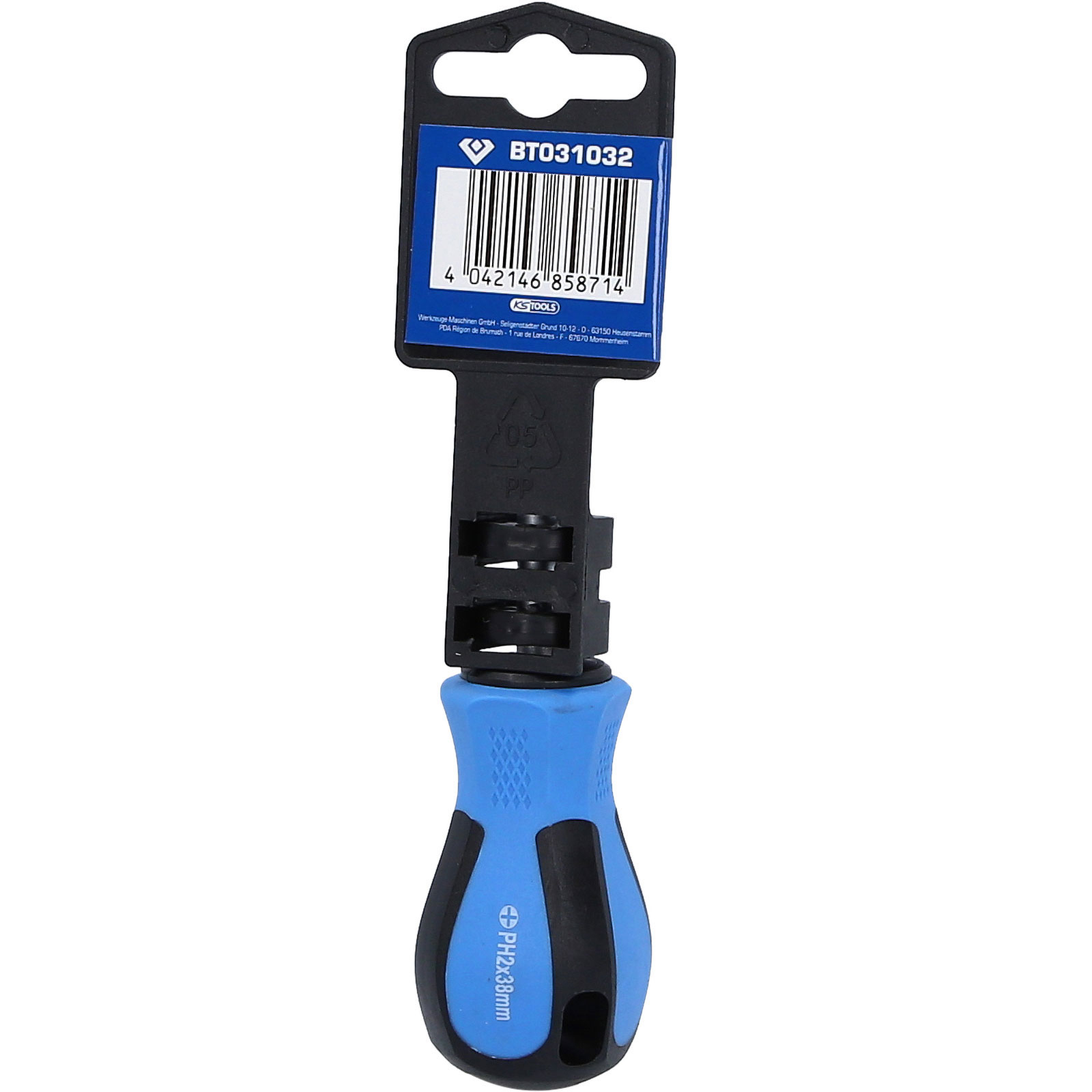 Ein Schraubendreher mit blau-schwarzem Griff und einem schwarzen Etikett mit Text und Barcode.