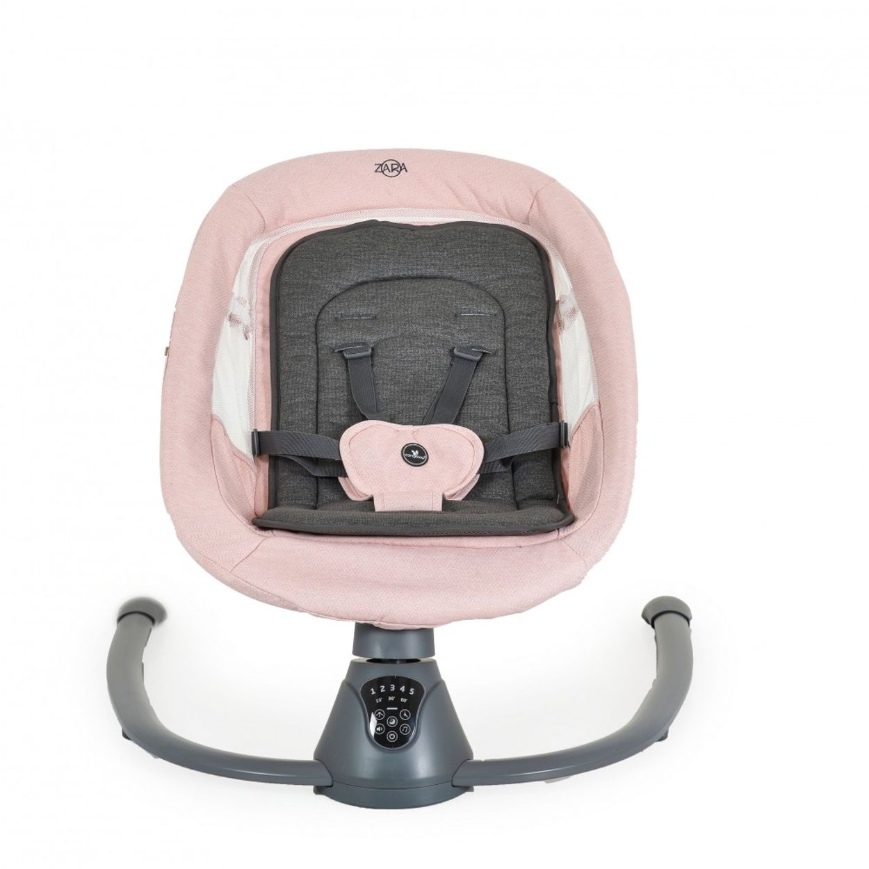 Eine Baby-Schaukel mit rosa und grauem Design. Sie hat ein Bedienfeld und graue Beine. Der Stuhl ist leer.