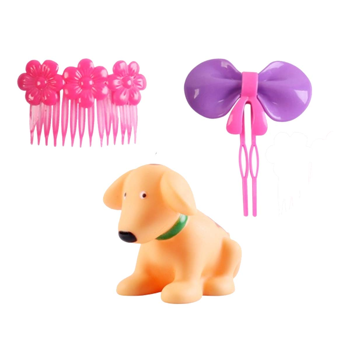 Das Bild zeigt einen Spielzeughund, rosa Blüten-Haarspangen und eine lila Schleifen-Haarspange auf weißem Hintergrund.