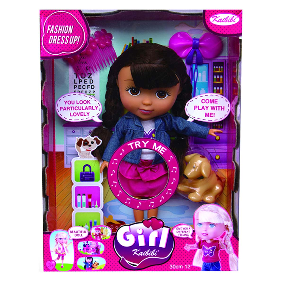 Eine Puppe in einer Box. Die Puppe hat schwarze Haare, eine Jeansjacke und einen rosa Rock. Es gibt Hundefiguren und Sprechblasen.
