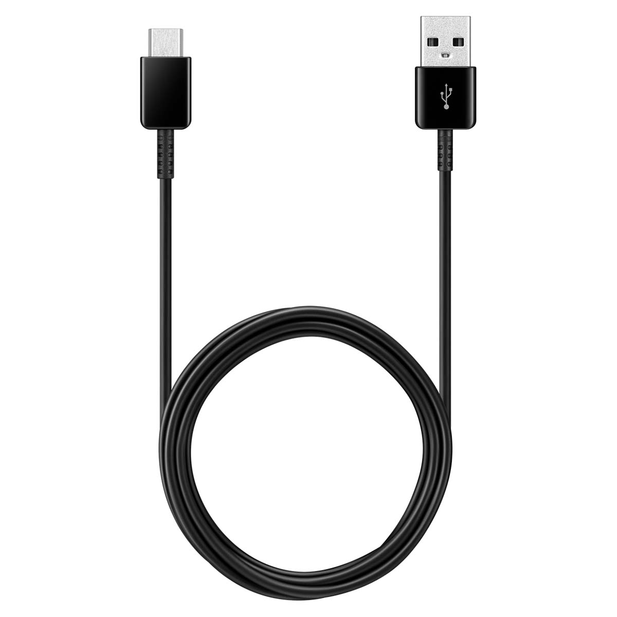 Ein schwarzes USB-Kabel mit einem USB-C-Anschluss an einem Ende und einem USB-A-Anschluss am anderen, das eine Schlaufe bildet.