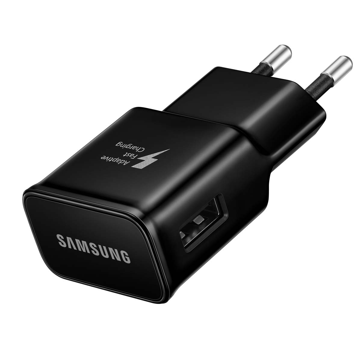 Ein schwarzer Samsung Schnellladeadapter mit zwei silbernen Stiften. Es hat Adaptive Fast Charging und einen USB-Anschluss.