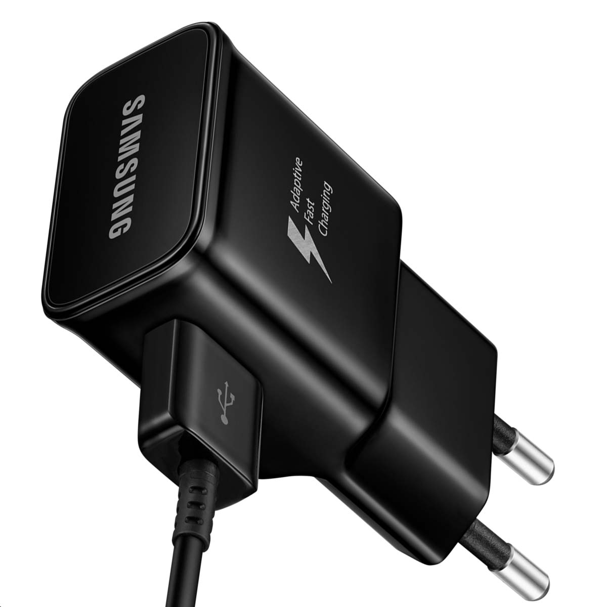 Ein schwarzes Samsung Adaptive Fast Charging-Wandladegerät mit USB-Anschluss und zwei Stiften.