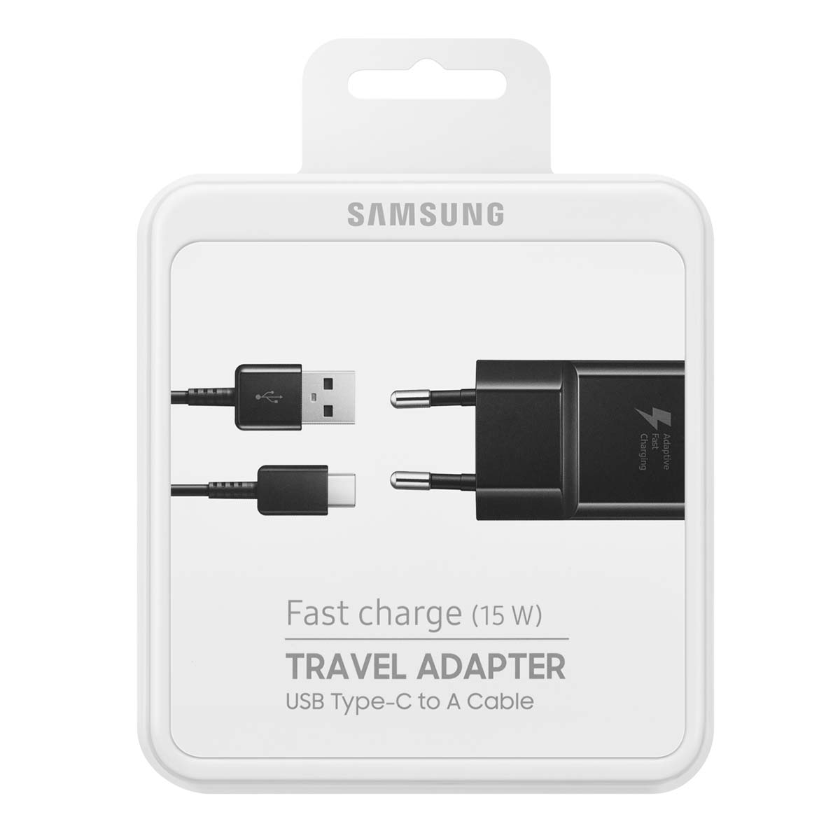 Eine weiße Schachtel mit einem Samsung-Reiseadapter und USB-Kabeln. Der Adapter ist schwarz und die Verpackung hat das Logo 'Schnellladung'.