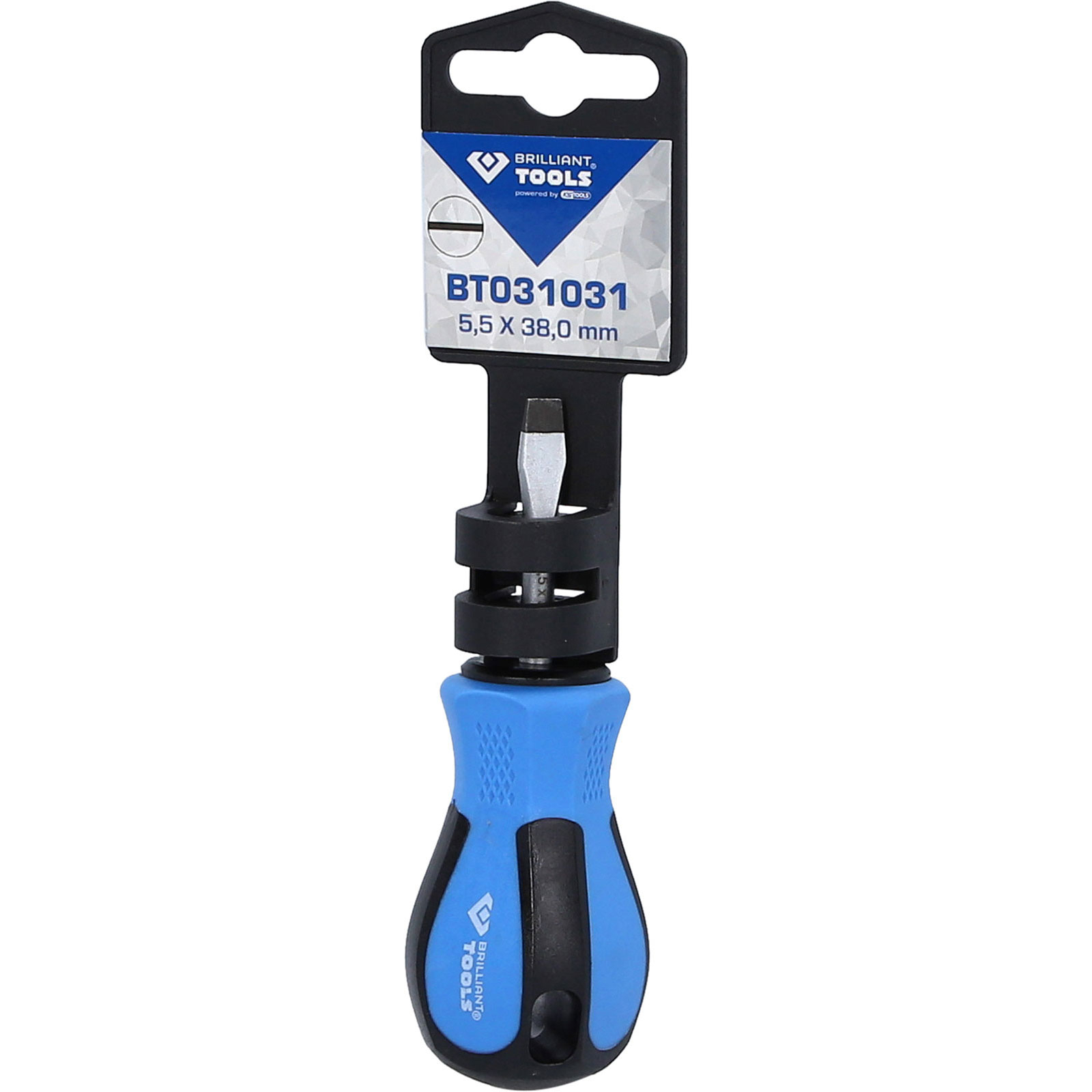 Ein Schraubendreher mit blauem Griff, schwarzem Kopf und einem Produktanhänger. Auf dem Anhänger steht 'BRILLIANT TOOLS'.