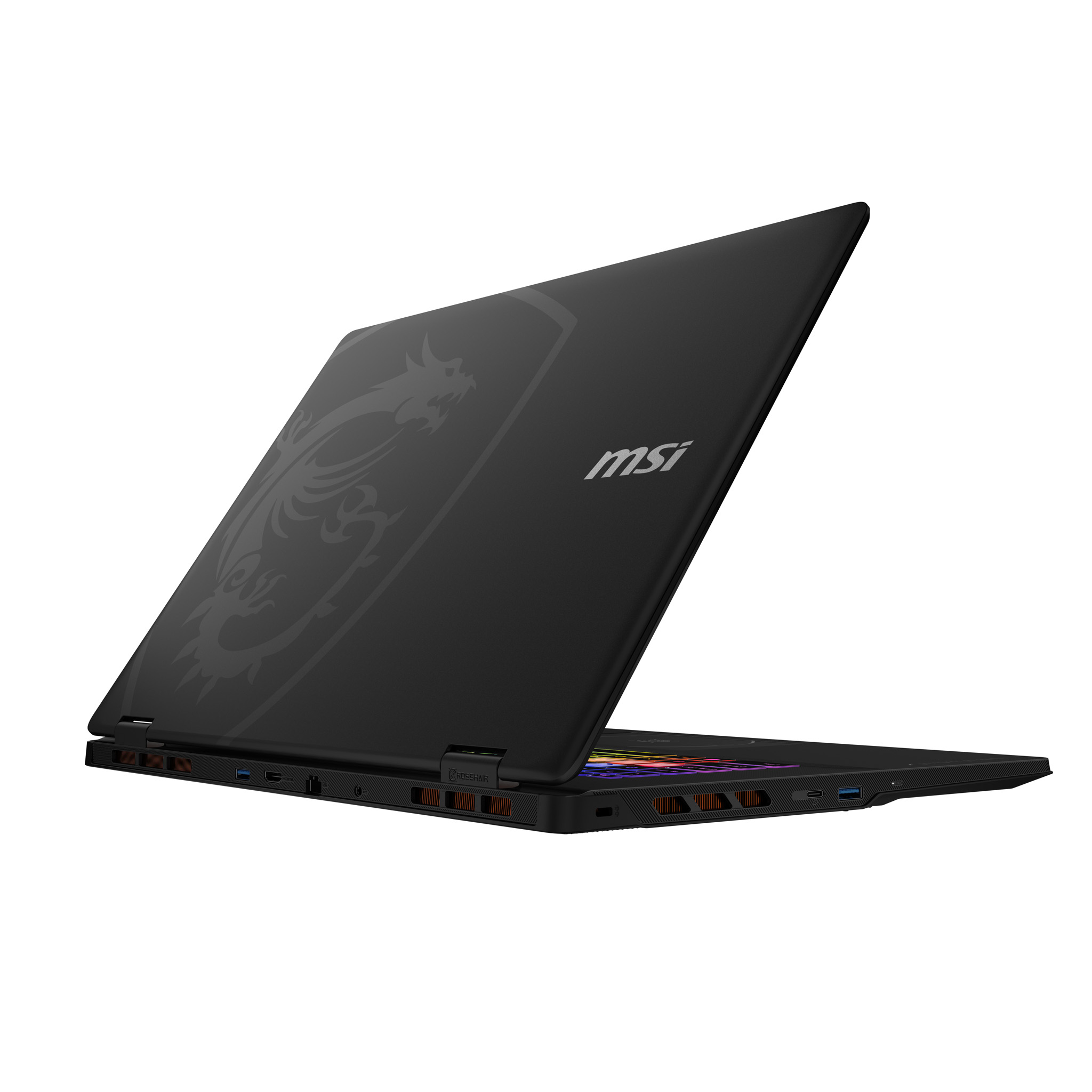 Schwarzer Laptop mit Drachendesign auf dem Deckel. Der Bildschirm ist geöffnet und zeigt die Tastatur. MSI-Logo sichtbar.