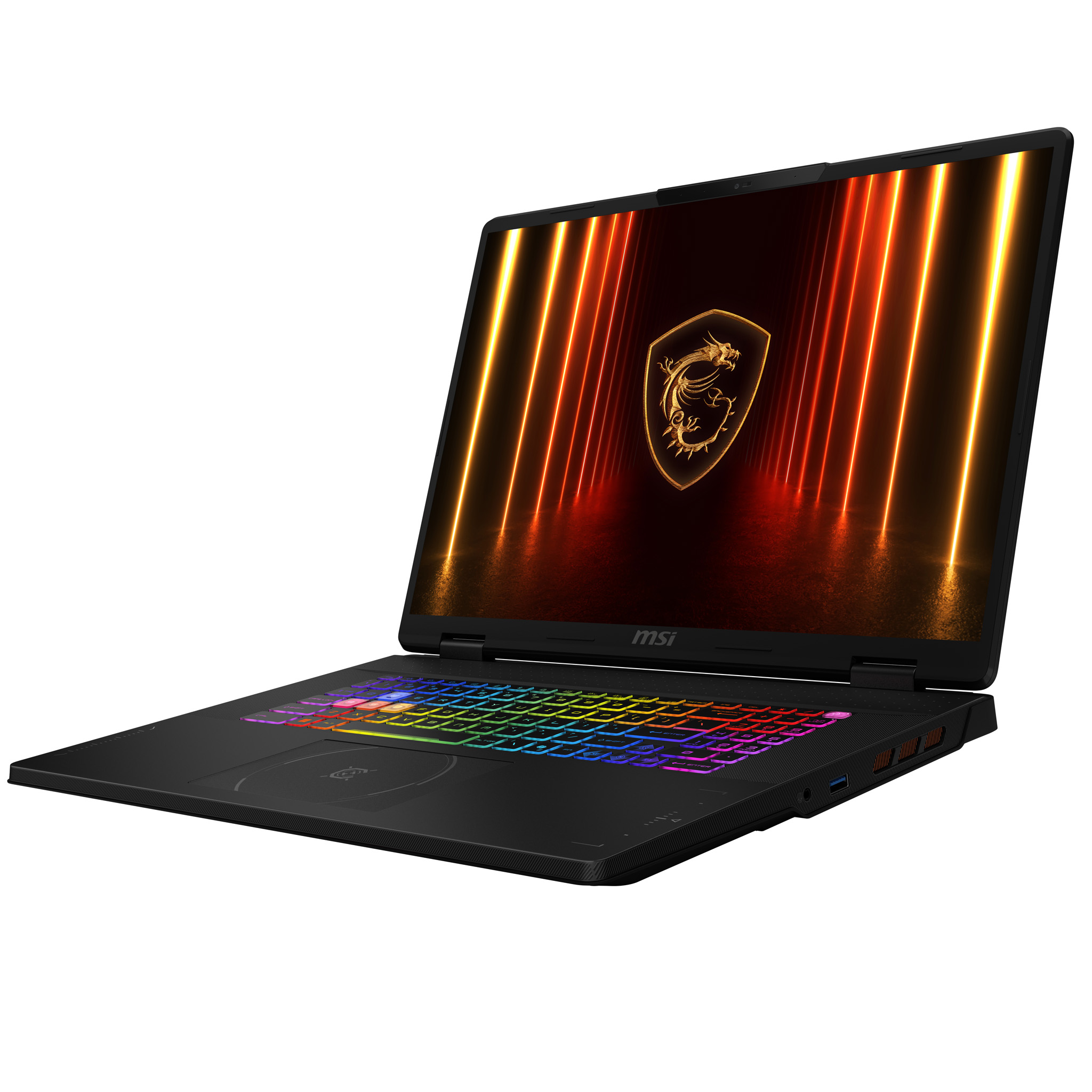 Schwarzer MSI-Laptop mit beleuchteter Regenbogen-Tastatur. Bildschirm zeigt Drachenlogo mit orangefarbenen und gelben Lichtstreifen.