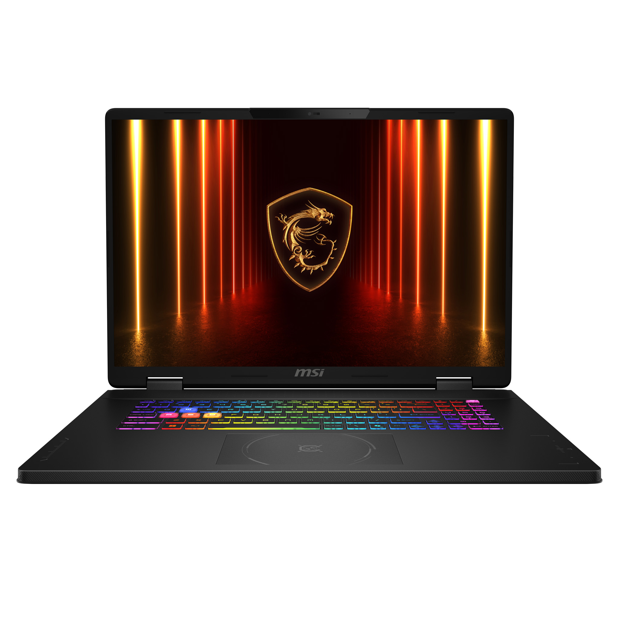 Schwarzer Laptop mit bunter Tastatur, beleuchtetem Bildschirm mit Drachenlogo und orangefarbenen und gelben Lichtern.