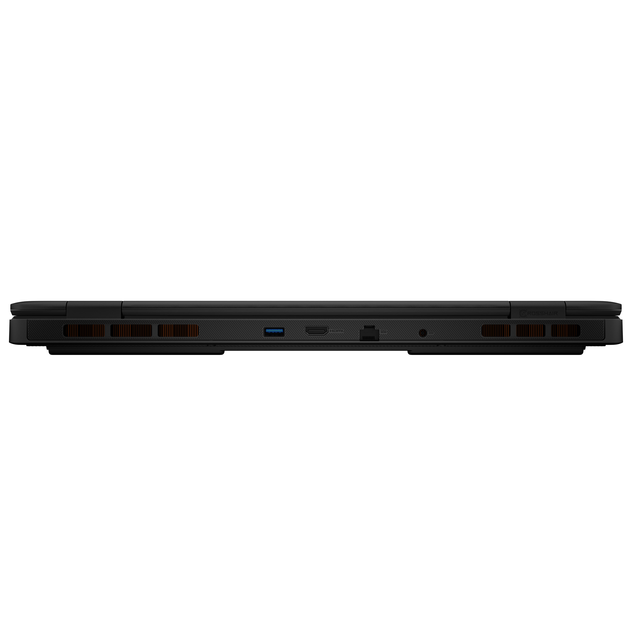 Schwarze Laptop-Basis mit Anschlüssen: USB, HDMI und Audio. Lüftungsgitter mit orangefarbenen Akzenten.