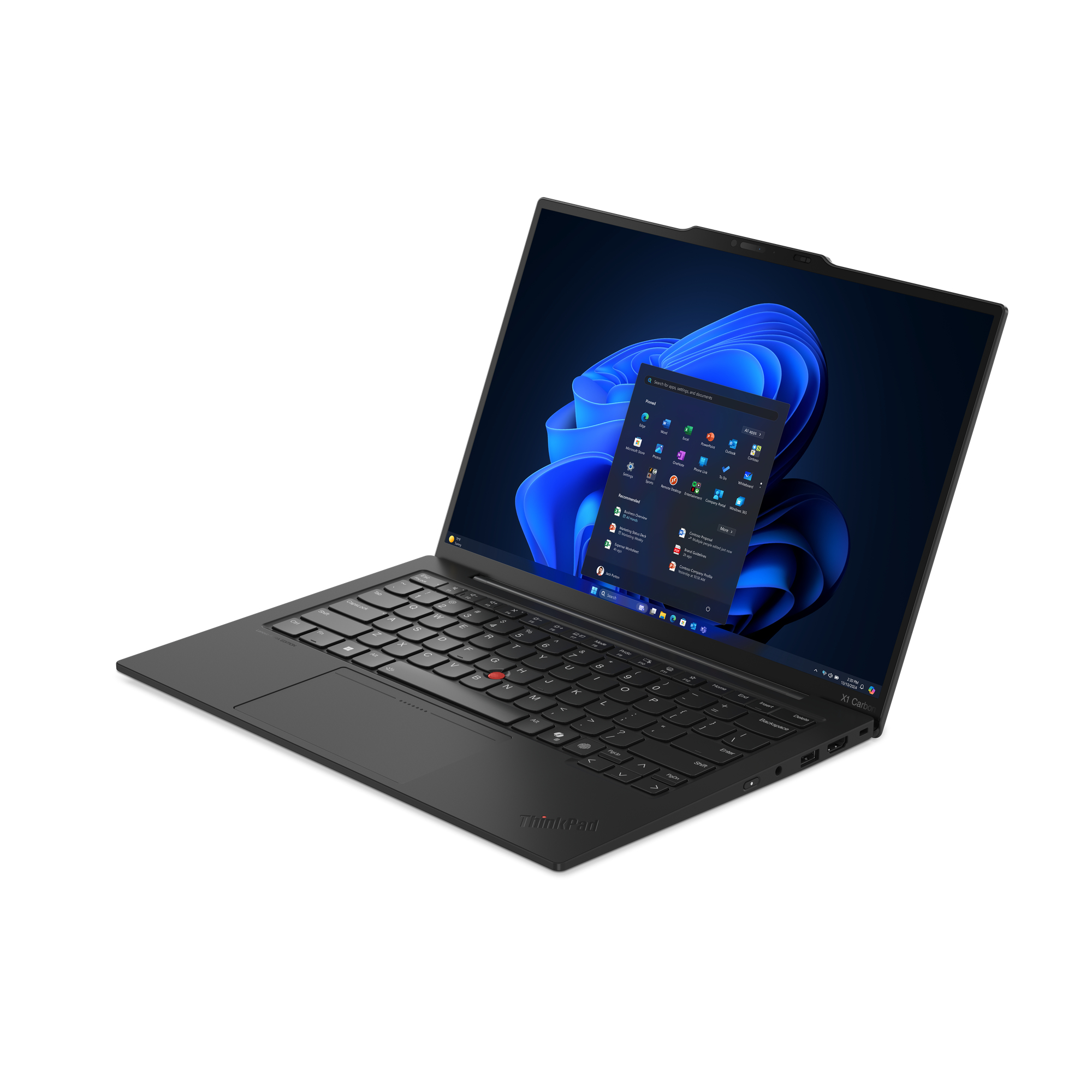 Czarny laptop ThinkPad otwarty, z interfejsem Windows 11. Widoczna klawiatura, ekran z ikonami aplikacji, białe tło.