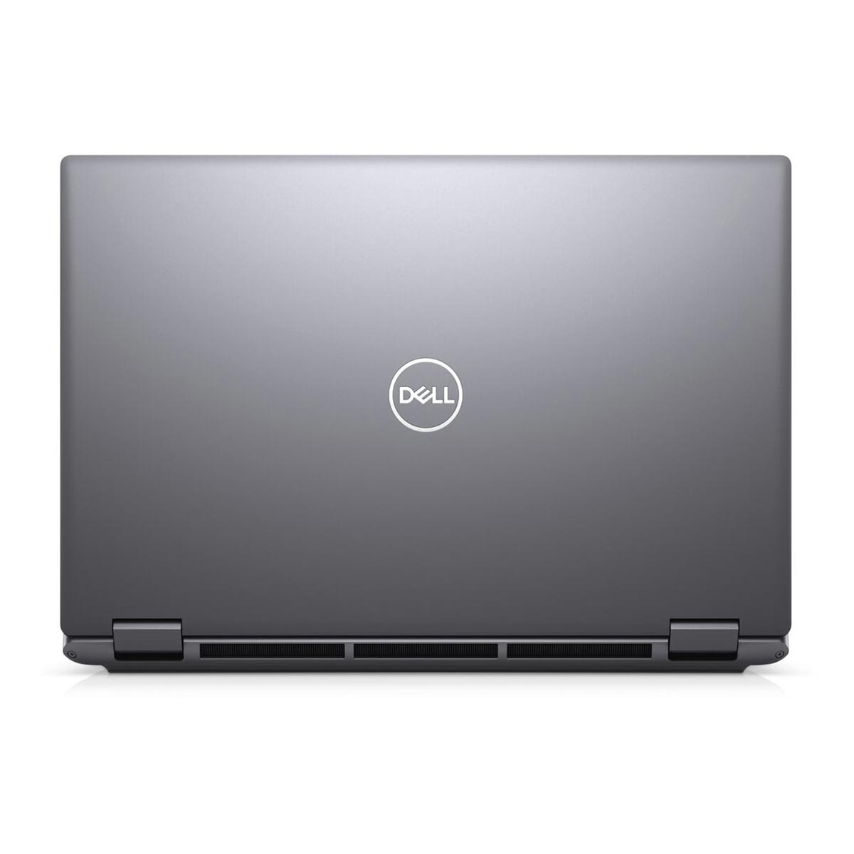 Zamknięty szary laptop Dell, widok z góry. Logo Dell jest wyśrodkowane. Zawiasy i otwory wentylacyjne są widoczne na dole.