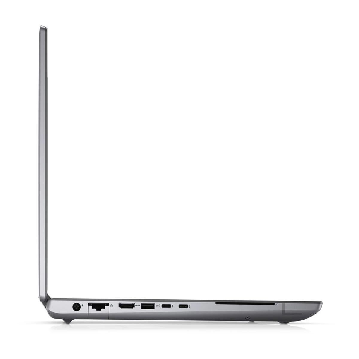 Widok z boku srebrnego laptopa, pokazujący porty i złącza. Ekran zamknięty, tło białe.