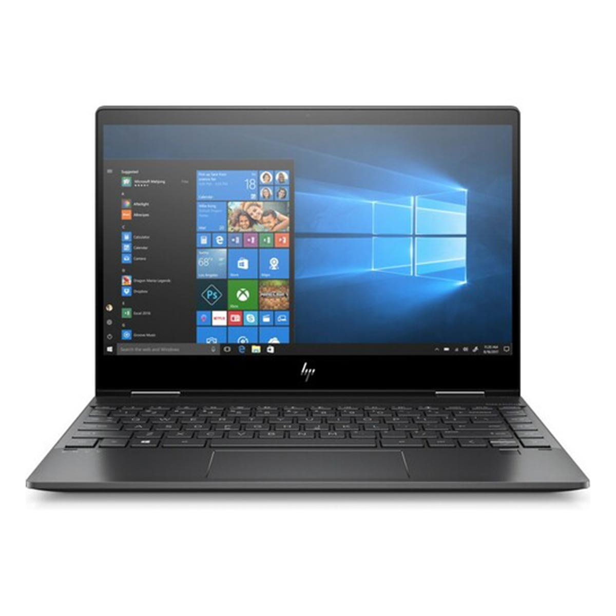 Czarny laptop HP jest otwarty. Ekran wyświetla pulpit systemu Windows z ikonami aplikacji. Klawiatura i touchpad są widoczne.