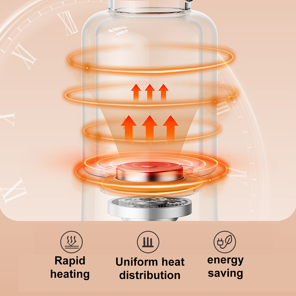 Eine Illustration mit einem Gerät, das orangefarbene Hitzewellen, Pfeile und Symbole für Heizung, Verteilung und Energiesparen zeigt.