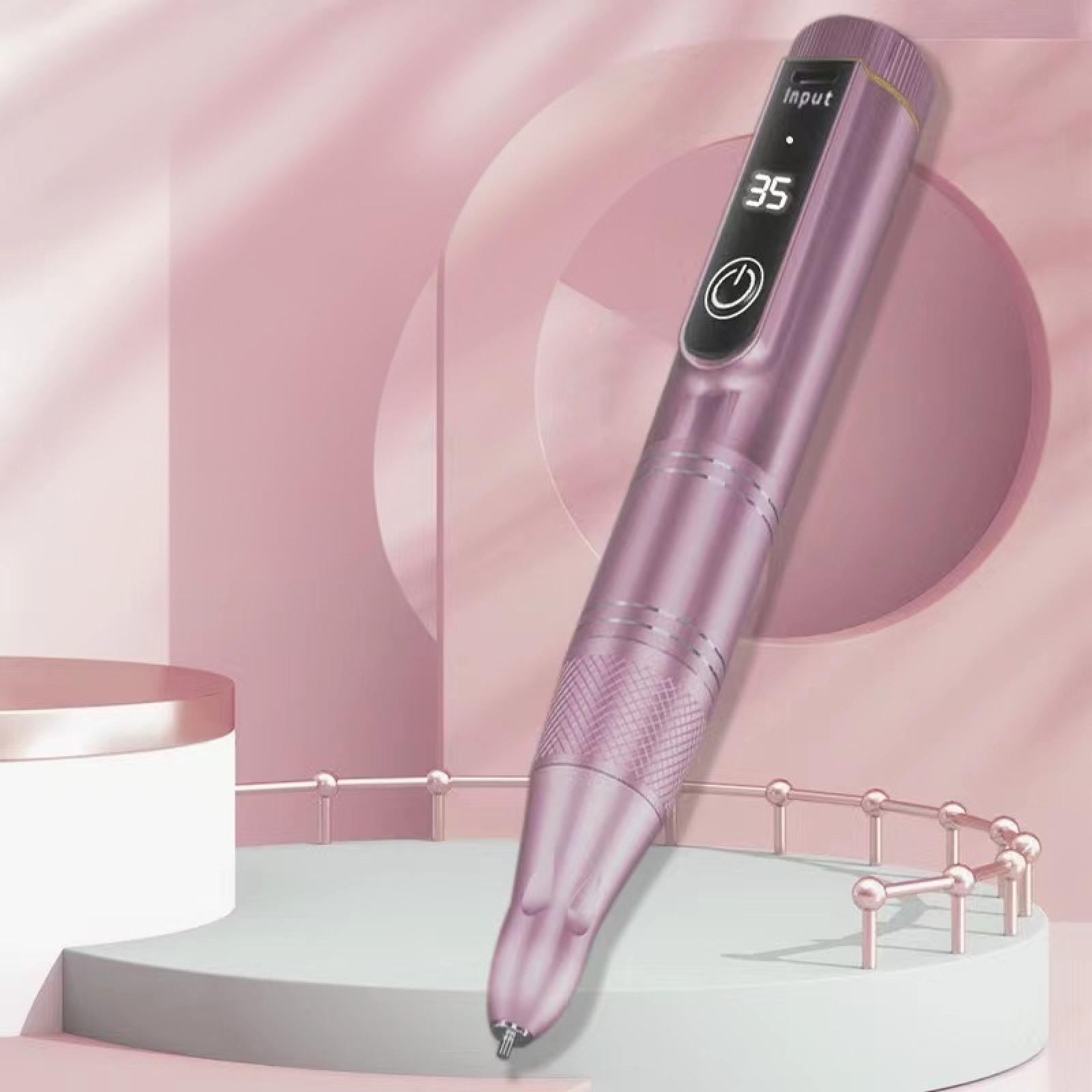 Ein rosa stiftähnliches Gerät mit Digitalanzeige befindet sich auf einer rosa-weißen Plattform. Der Hintergrund ist rosa.