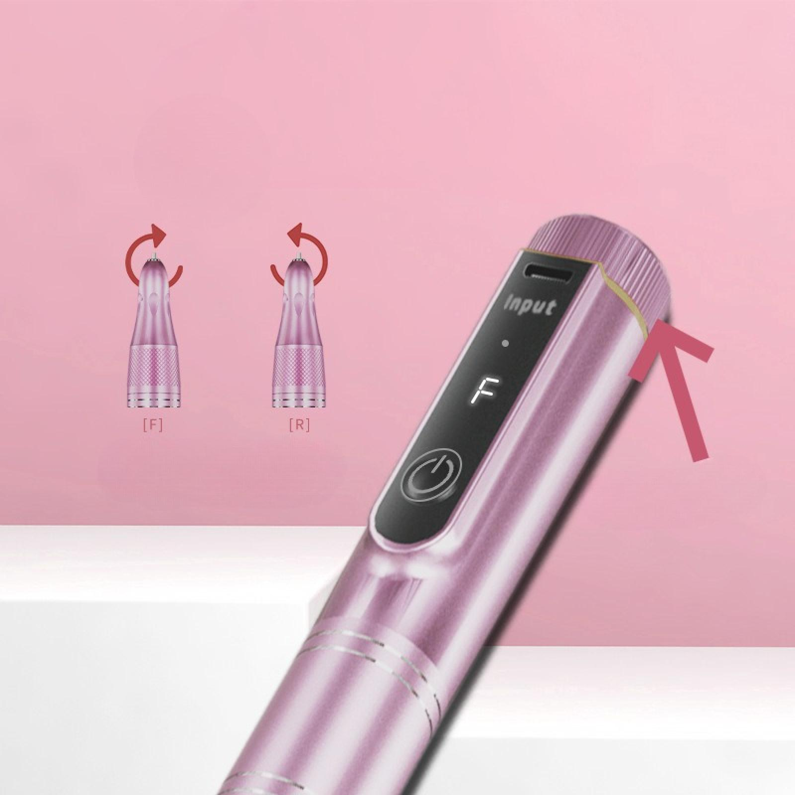 Ein rosa elektronisches Gerät mit zwei rotierenden Köpfen und einem digitalen Display. Der Hintergrund ist hellrosa.