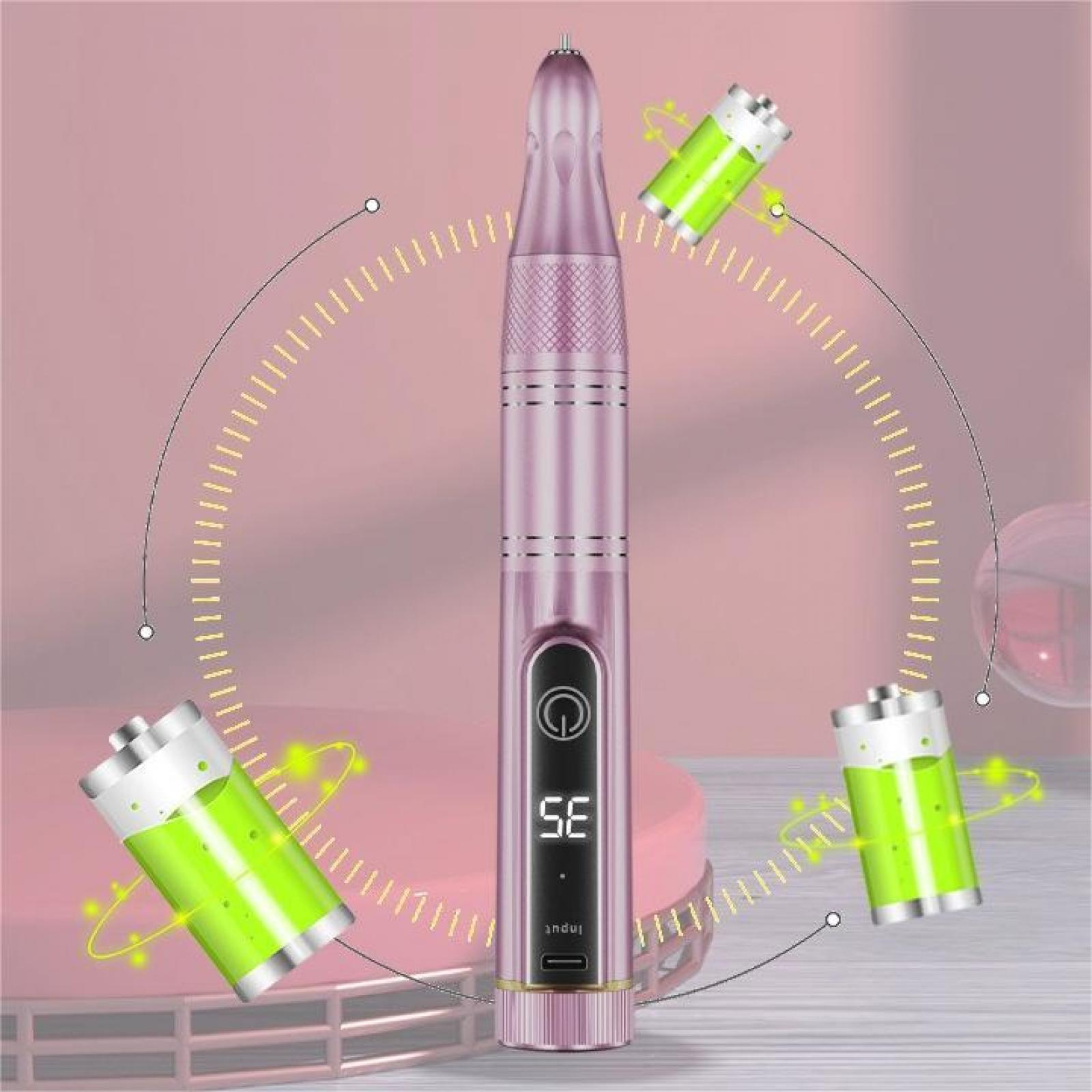 Ein rosa elektrisches Stiftgerät mit Digitalanzeige. Drei Batterien umgeben es mit einem rosa Hintergrund.