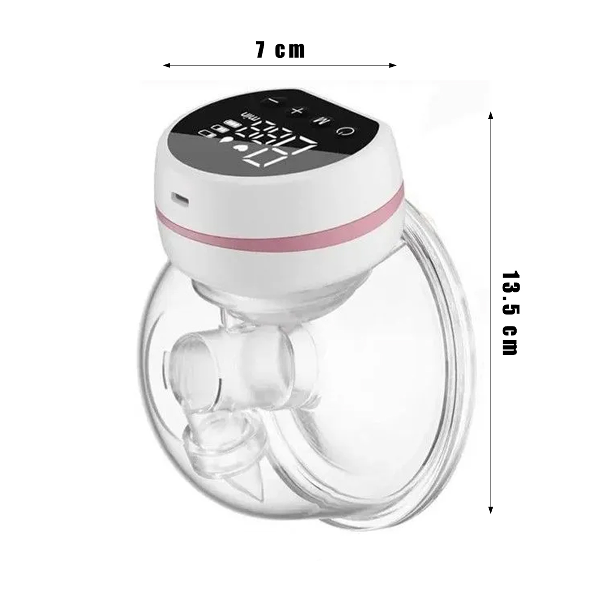 Eine weiße und rosa Brustpumpe mit Digitalanzeige auf einem transparenten, abgerundeten Behälter. Abmessungen: 7 cm und 13,5 cm.