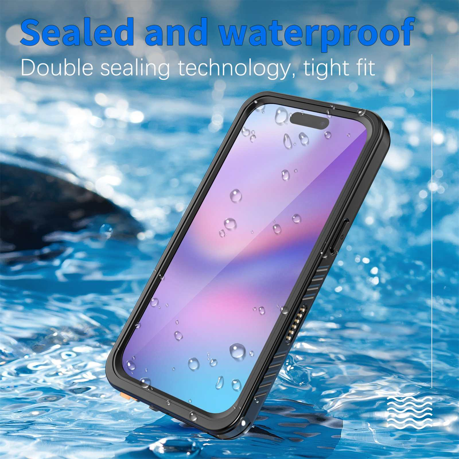 Ein Telefon in einer wasserdichten Hülle, untergetaucht in Wasser. Die Hülle ist schwarz, der Bildschirm sichtbar. Wassertropfen sind vorhanden.