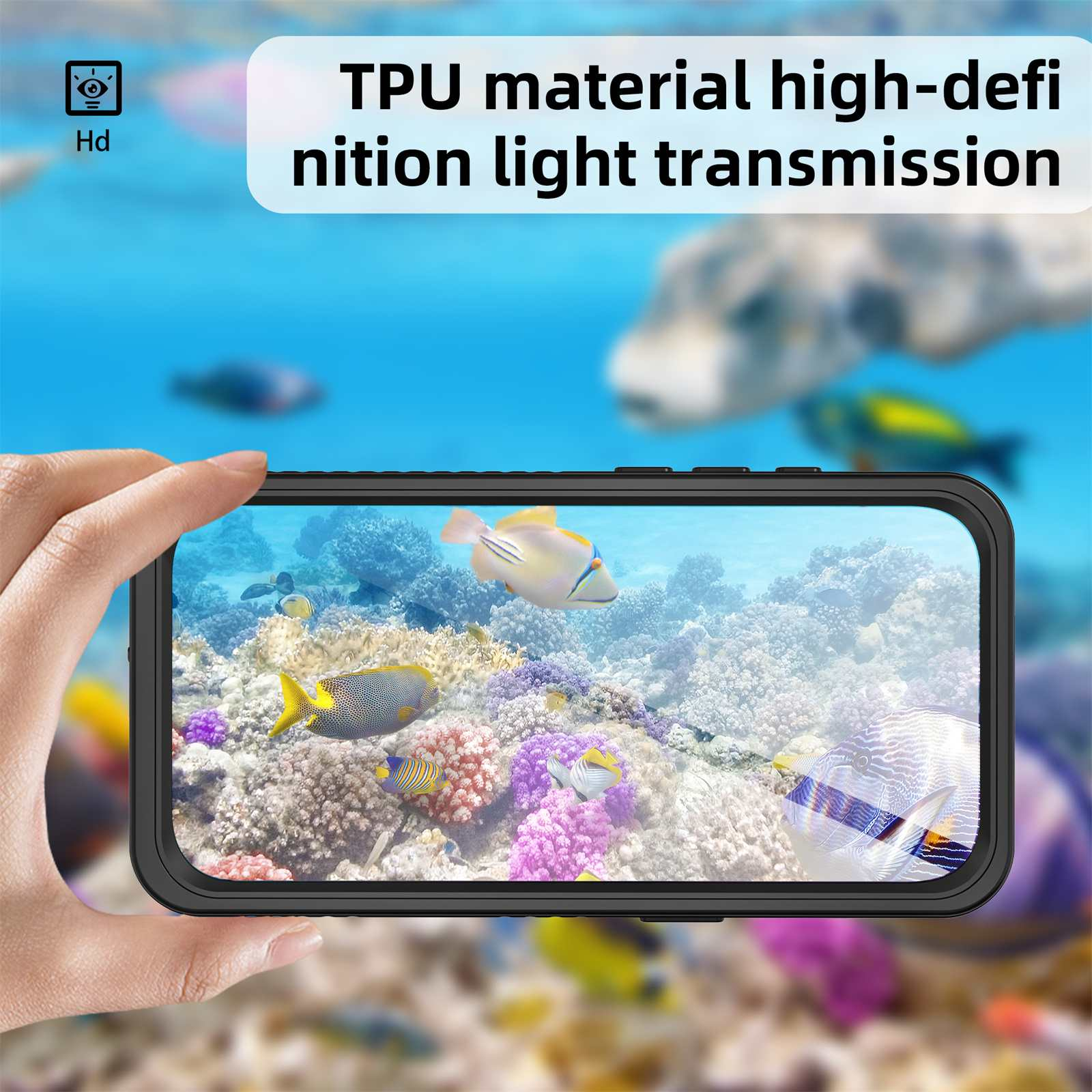 Eine Hand hält ein Telefon, das eine Unterwasserszene mit bunten Fischen und Korallenriffen zeigt.