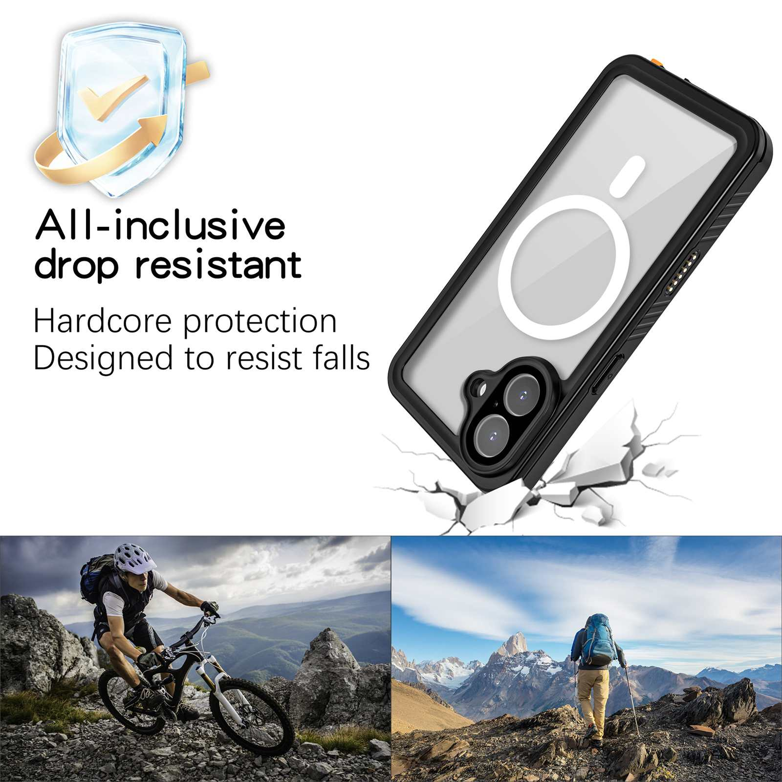 Das Bild zeigt eine Handyhülle mit einem Telefon im Inneren sowie zwei Bergszenen mit Radfahrern und Wanderern.
