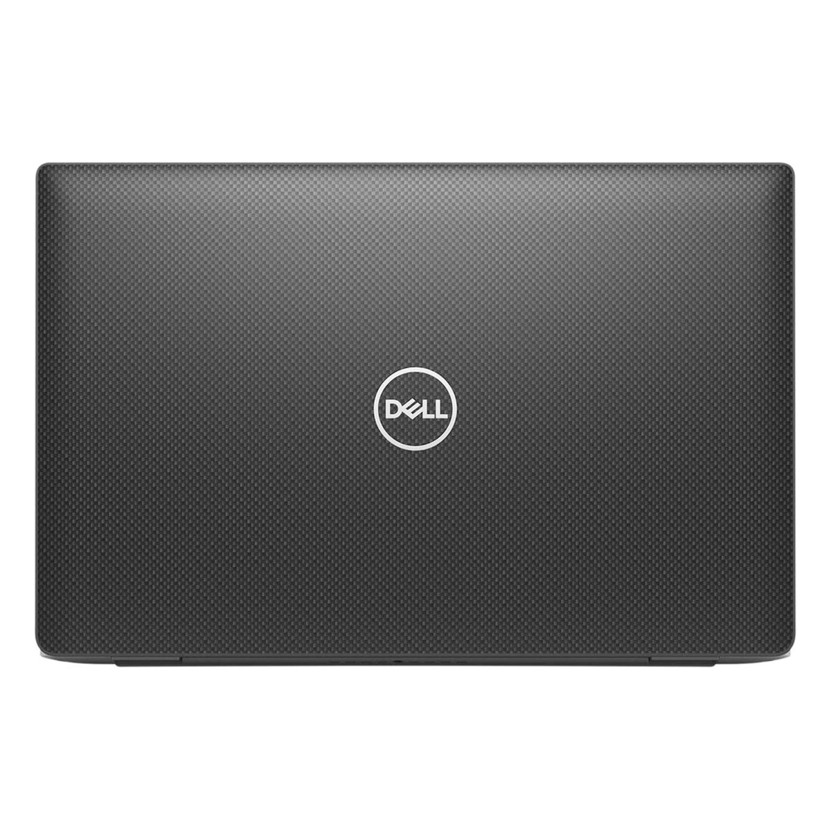 Zamknięty laptop Dell. Pokrywa jest ciemnoszara z teksturowanym wzorem i logo Dell pośrodku.