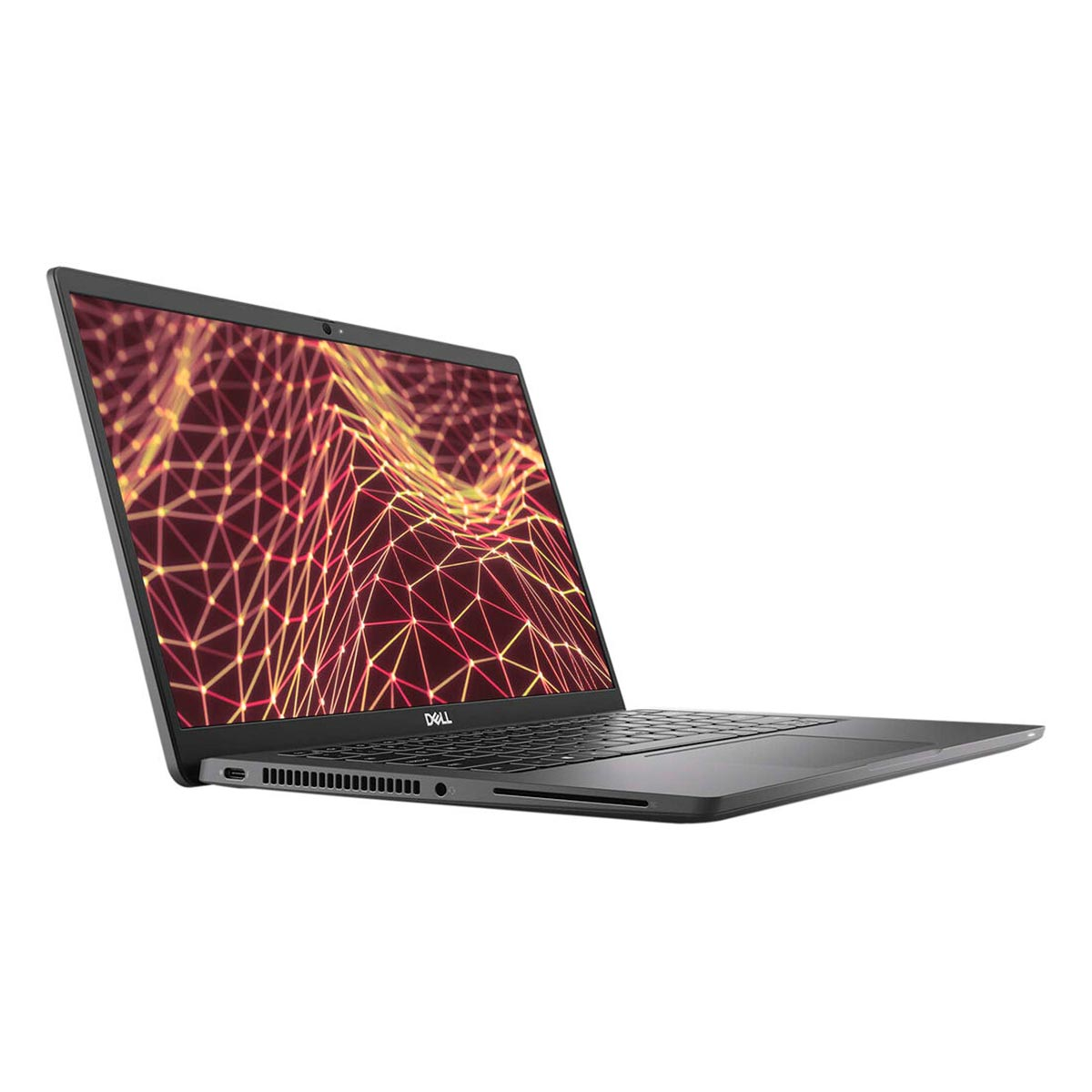 Laptop Dell jest skierowany do widza. Ekran wyświetla czerwono-żółty geometryczny wzór. Tło jest białe.