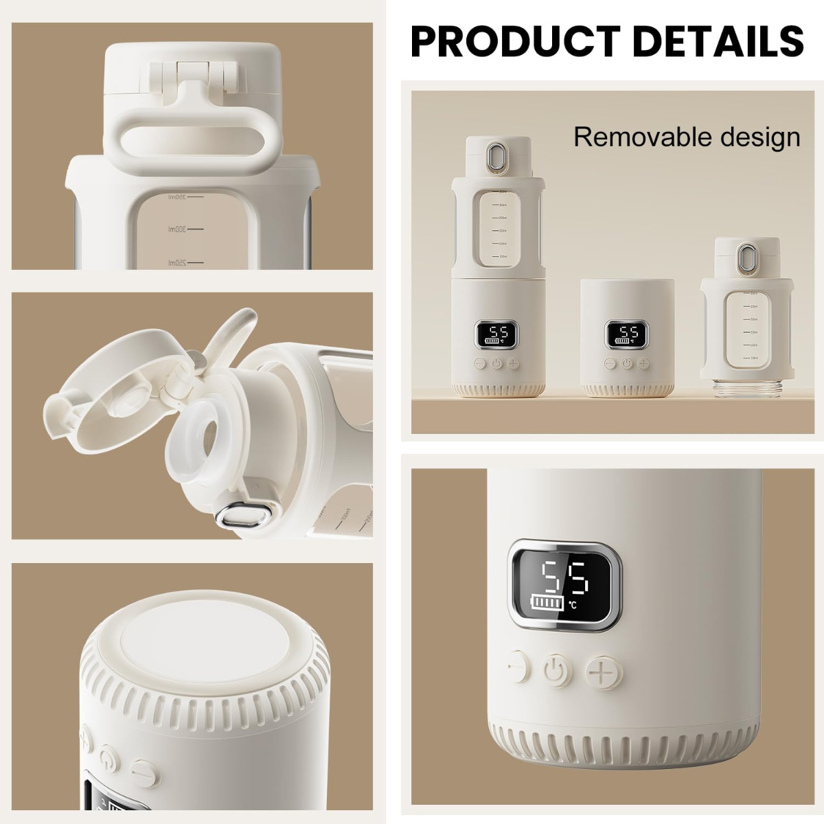 Produktdetails. Weiße Wasserflaschenteile werden angezeigt. Abnehmbares Design gezeigt. Digitalanzeige zeigt die Temperatur. Deckel und Griff sichtbar.