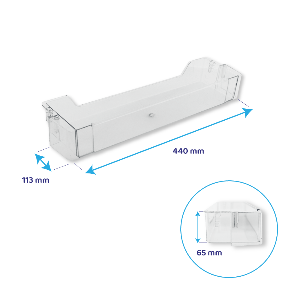 Eine transparente Kunststoff-Kühlschublade mit Maßangaben. Die Schublade ist 440 mm lang, 113 mm breit und 65 mm hoch.