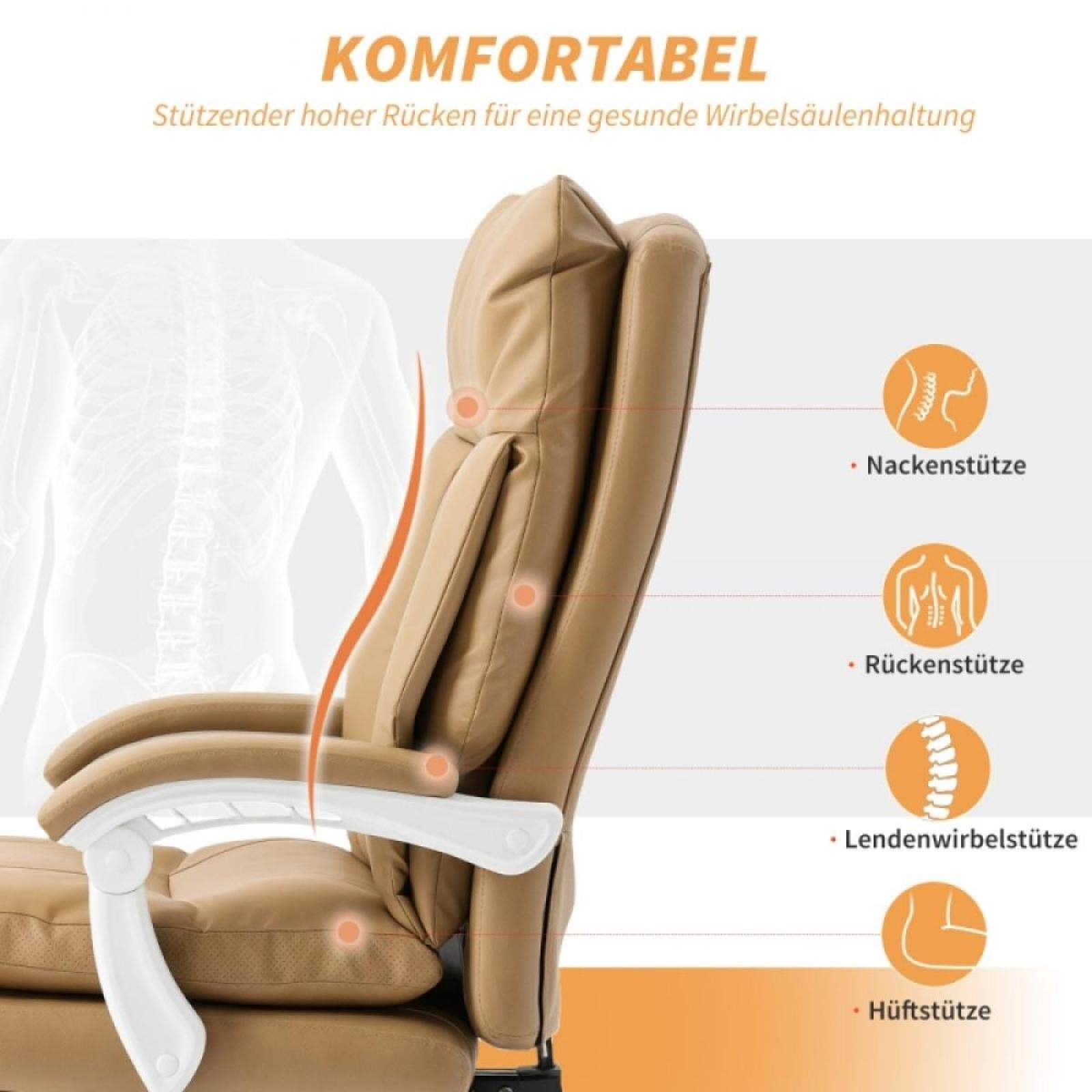 Beiger ergonomischer Bürostuhl mit weißen Armlehnen. Zeigt Nacken-, Rücken-, Lenden- und Hüftstützbereiche. Text auf Deutsch.