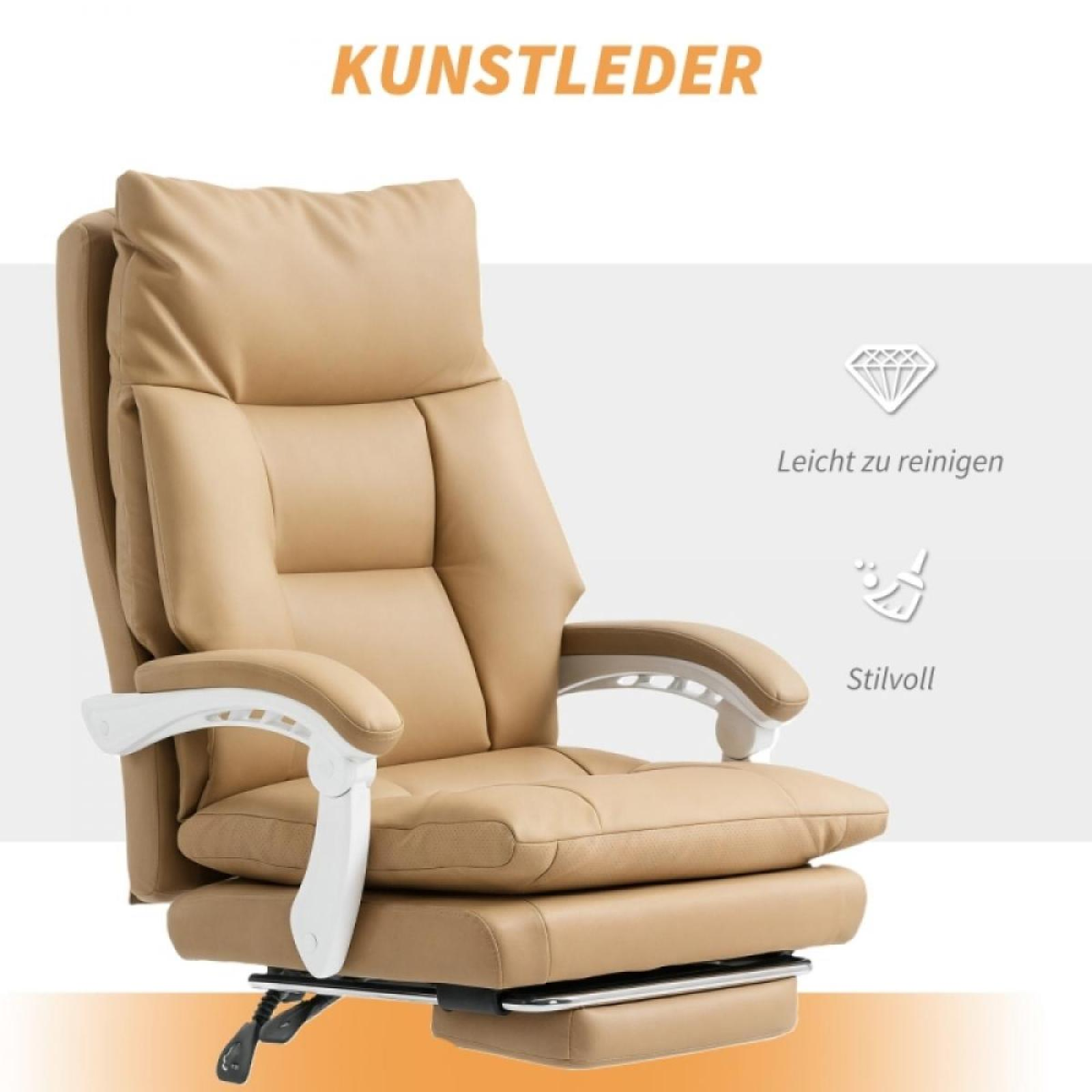 Ein beiger Bürostuhl aus Kunstleder. Er hat weiße Armlehnen und ist mit 'KUNSTLEDER' beschriftet.
