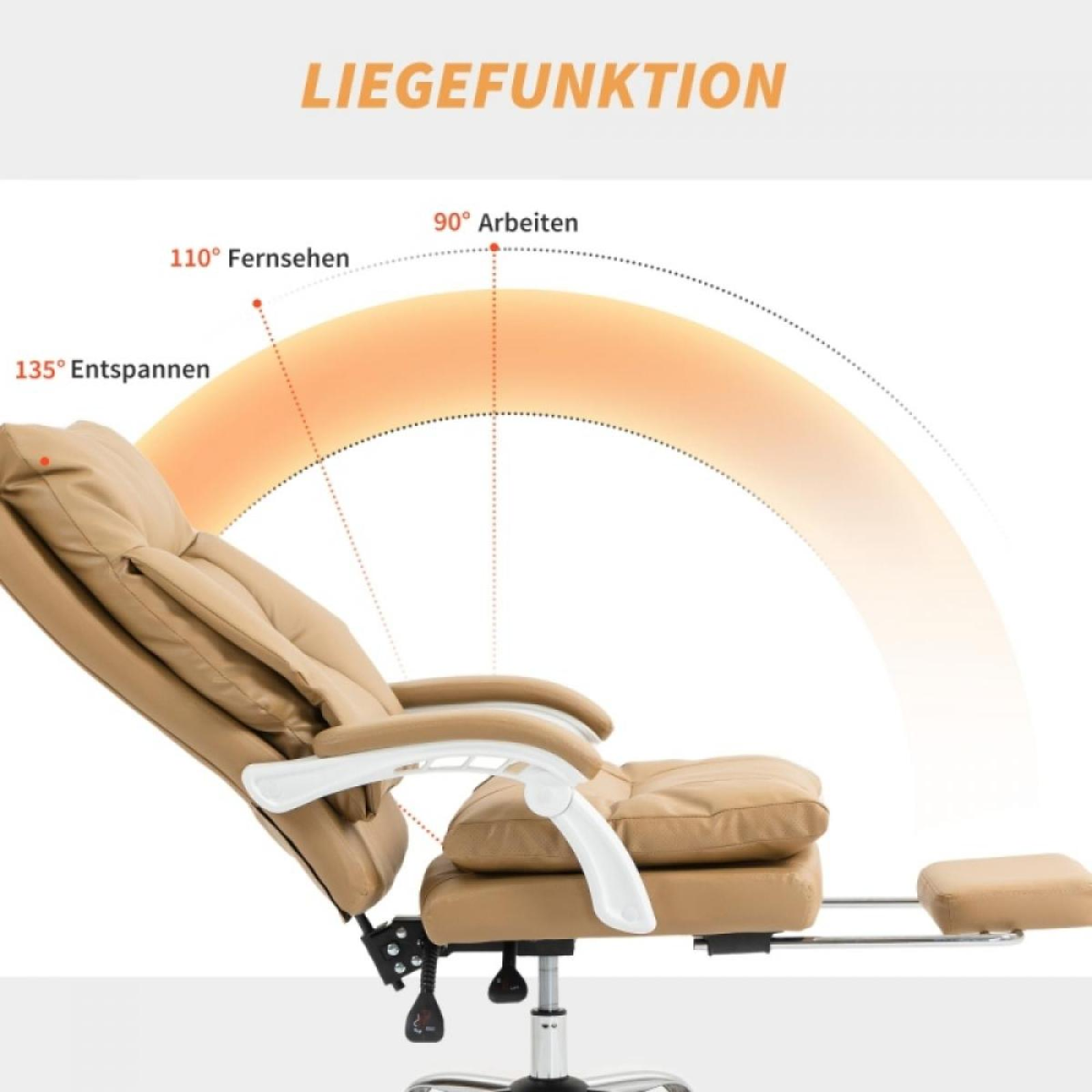Ein beigefarbener Relaxsessel mit weißen Armlehnen. Er hat eine Fußstütze und ist für verschiedene Neigungswinkel gekennzeichnet.