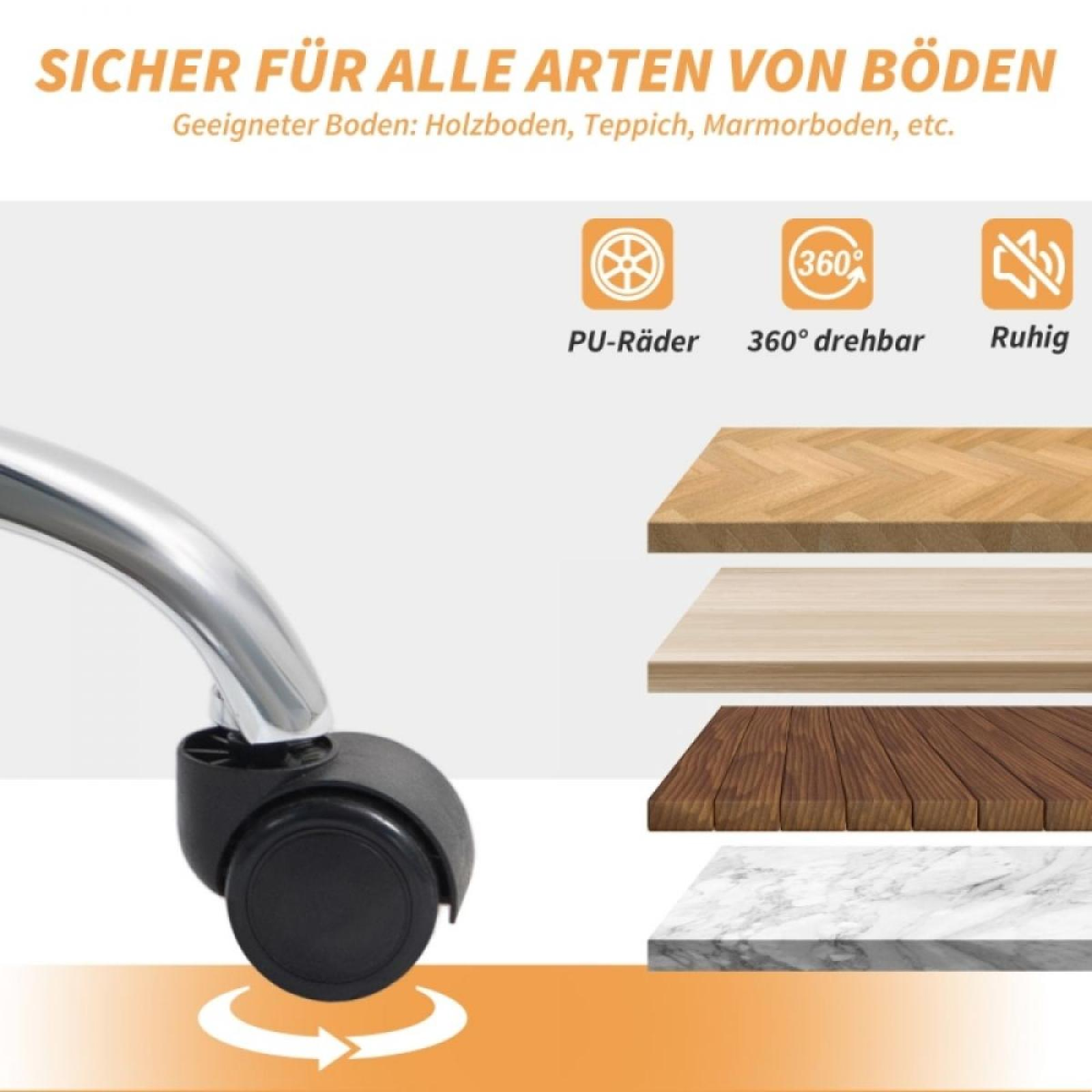 Ein Bürostuhlrad und verschiedene Bodenbelagsmuster. Text besagt 'sicher für alle Bodenarten' und '360 Grad drehbar'.