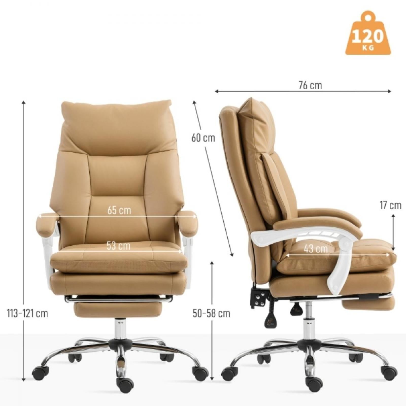Ein Bürostuhl mit Maßangaben. Der Stuhl ist beige mit silbernem Gestell und hat eine Tragfähigkeit von 120 kg.