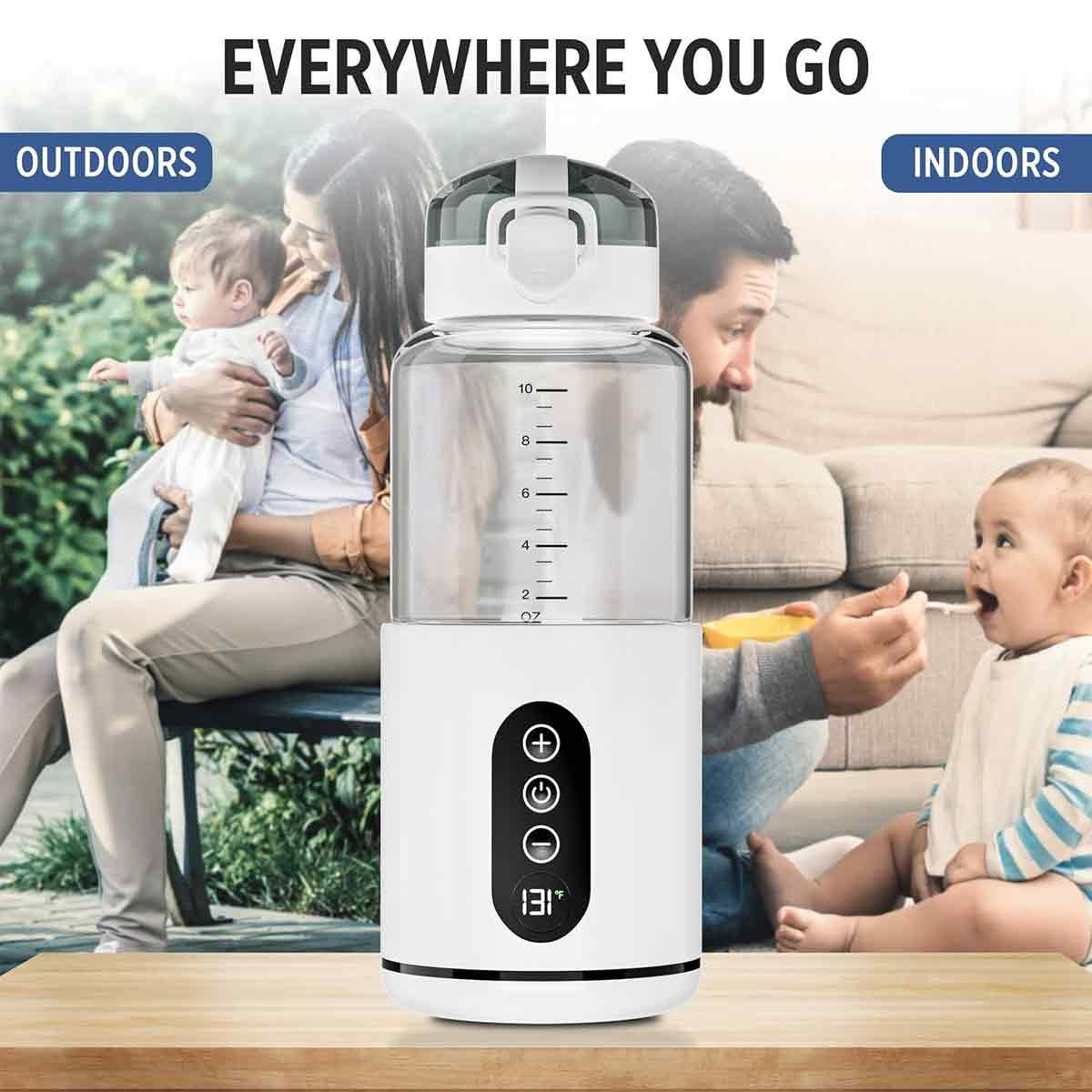 Flasche mit Bedienelementen, Menschen im Hintergrund mit Babys, Text 'EVERYWHERE YOU GO', 'OUTDOORS' und 'INDOORS'.