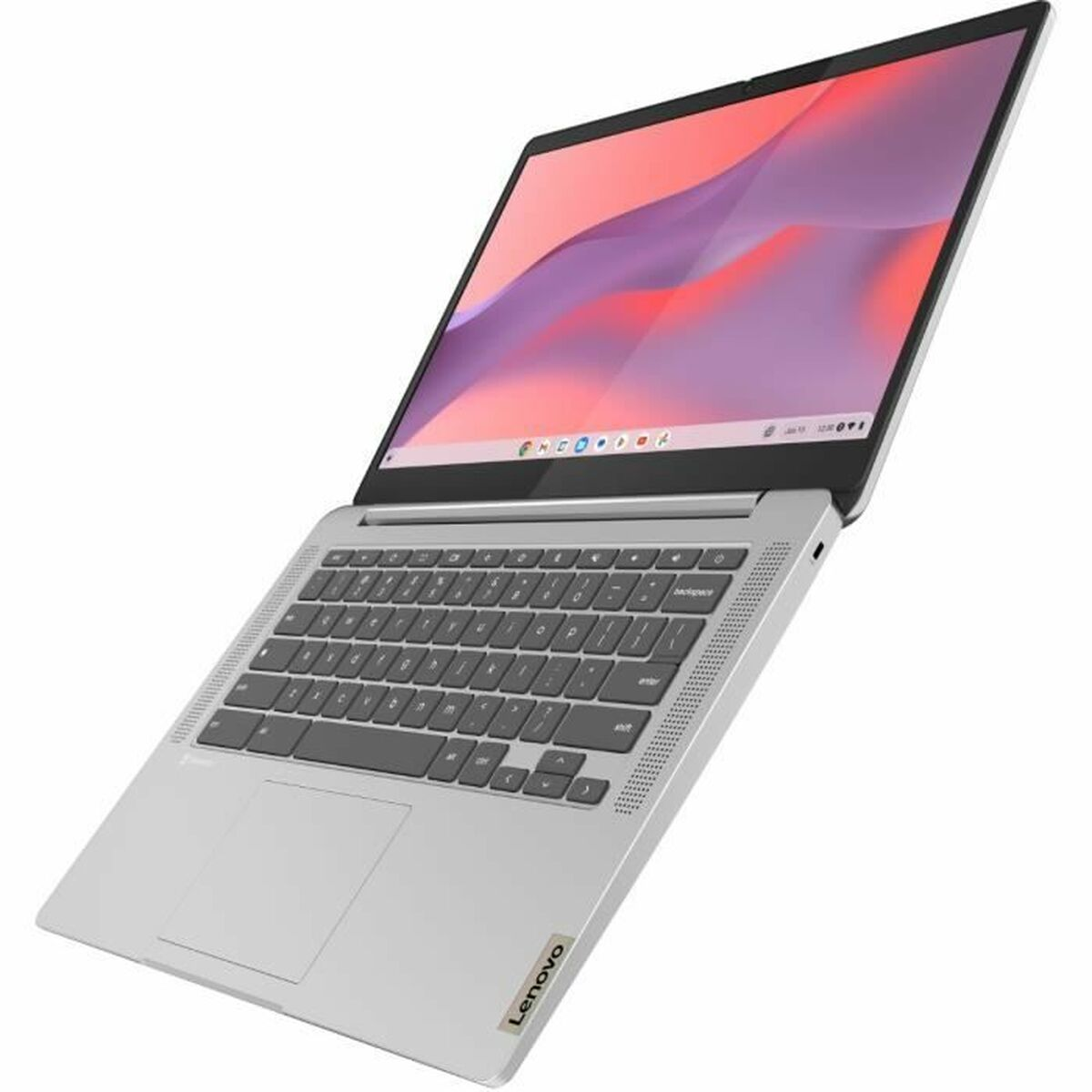 Ein silberner Lenovo-Laptop mit Tastatur, offenem Display mit farbenfrohem Bildschirm und dem Lenovo-Logo.
