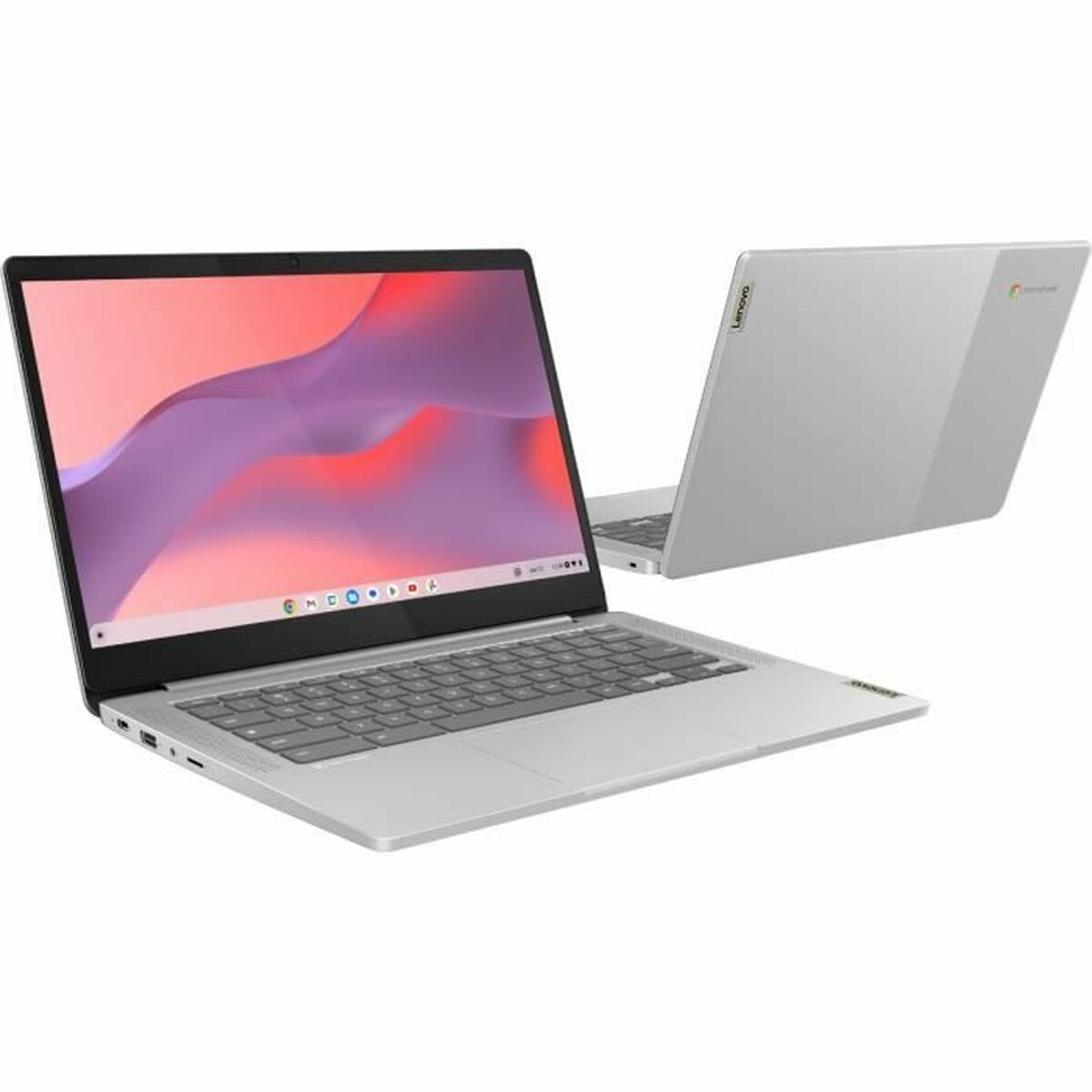 Ein silbernes Lenovo Chromebook wird in einem Winkel angezeigt. Der Bildschirm zeigt einen farbenfrohen Hintergrund. Ein weiteres Chromebook befindet sich im Hintergrund.
