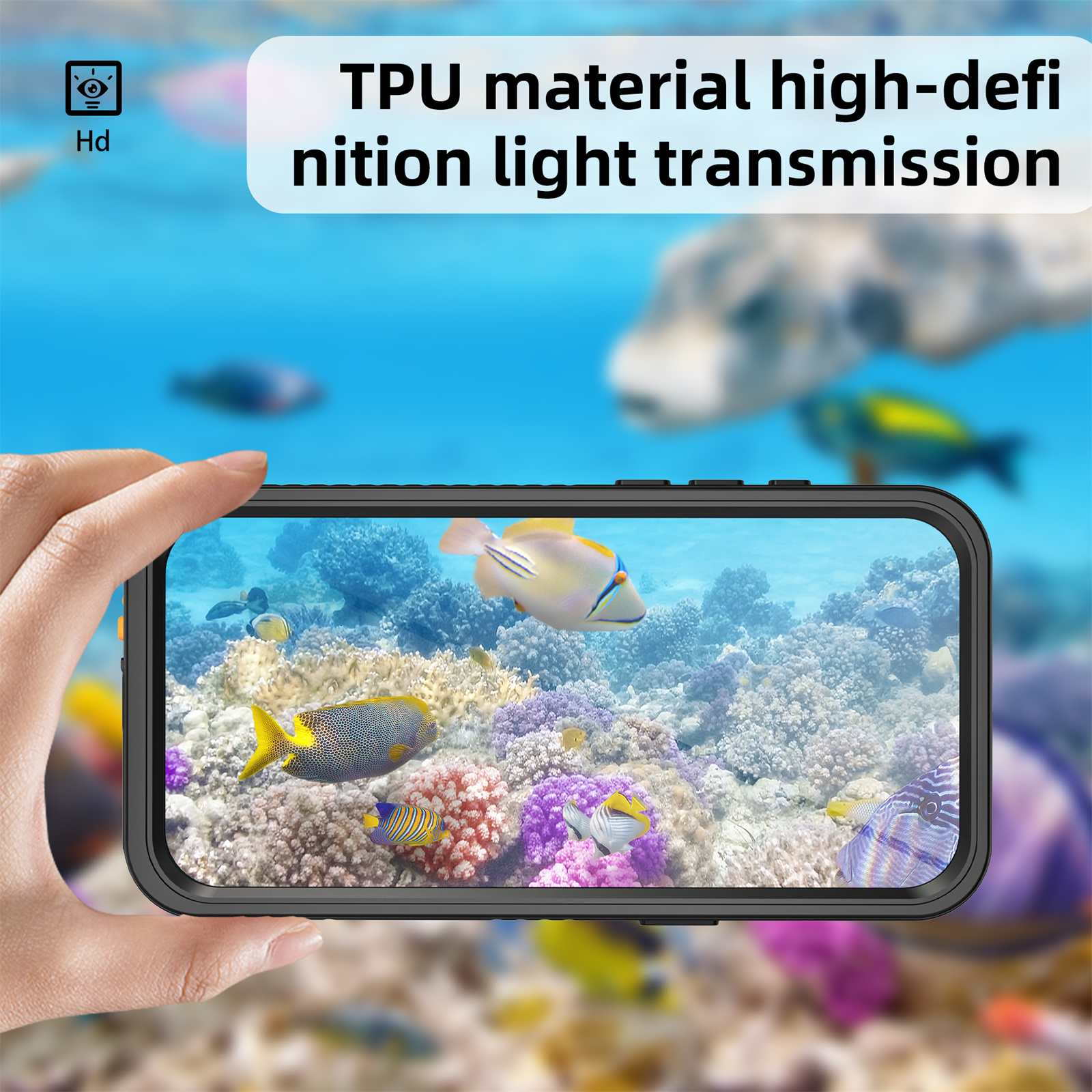 Eine Hand, die ein Telefon hält, das eine Unterwasserszene mit Fischen und Korallenriffen zeigt.