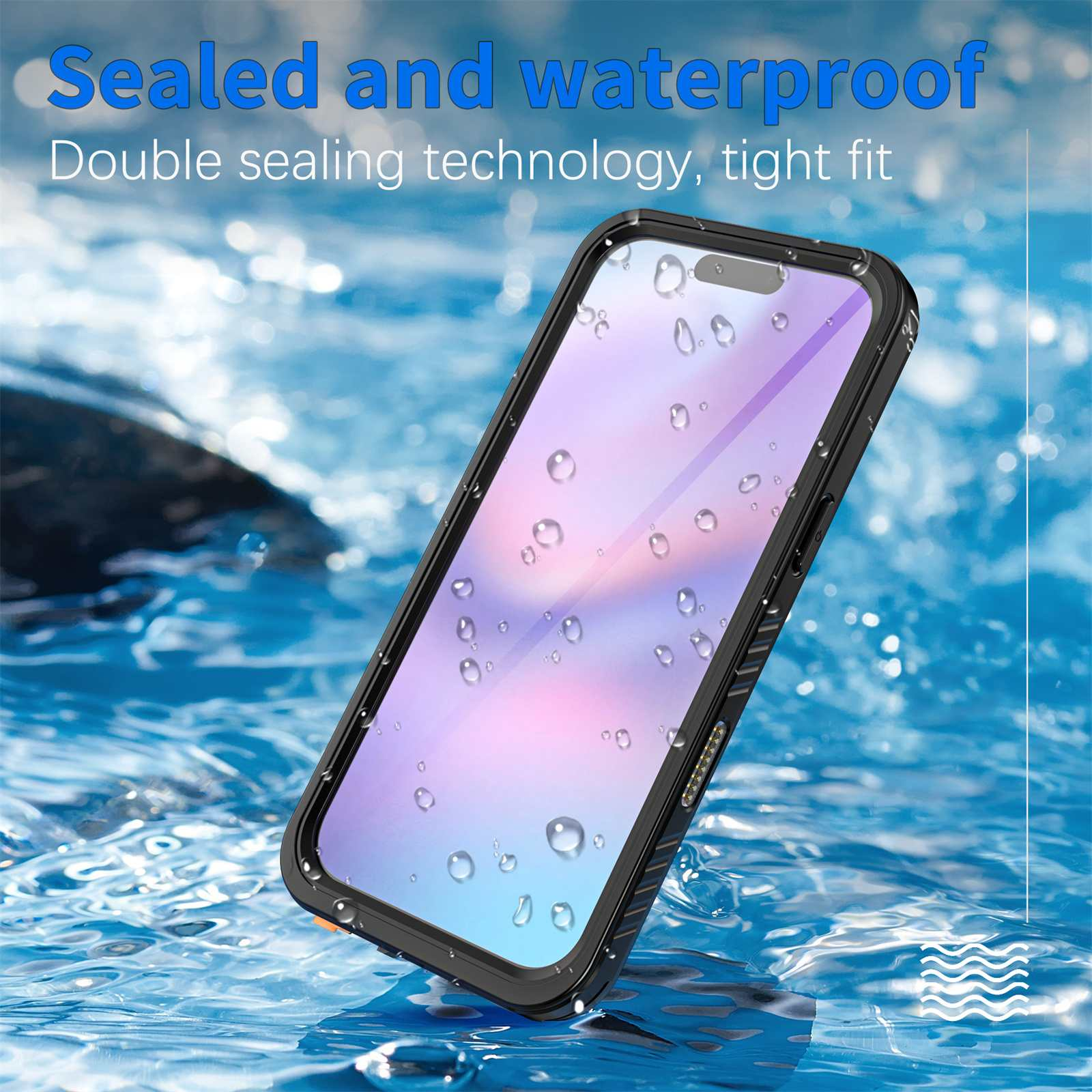 Ein Telefon in einer wasserdichten Hülle liegt im Wasser. Der Bildschirm ist sichtbar, Wassertropfen sind auf dem Bildschirm und der Hülle.