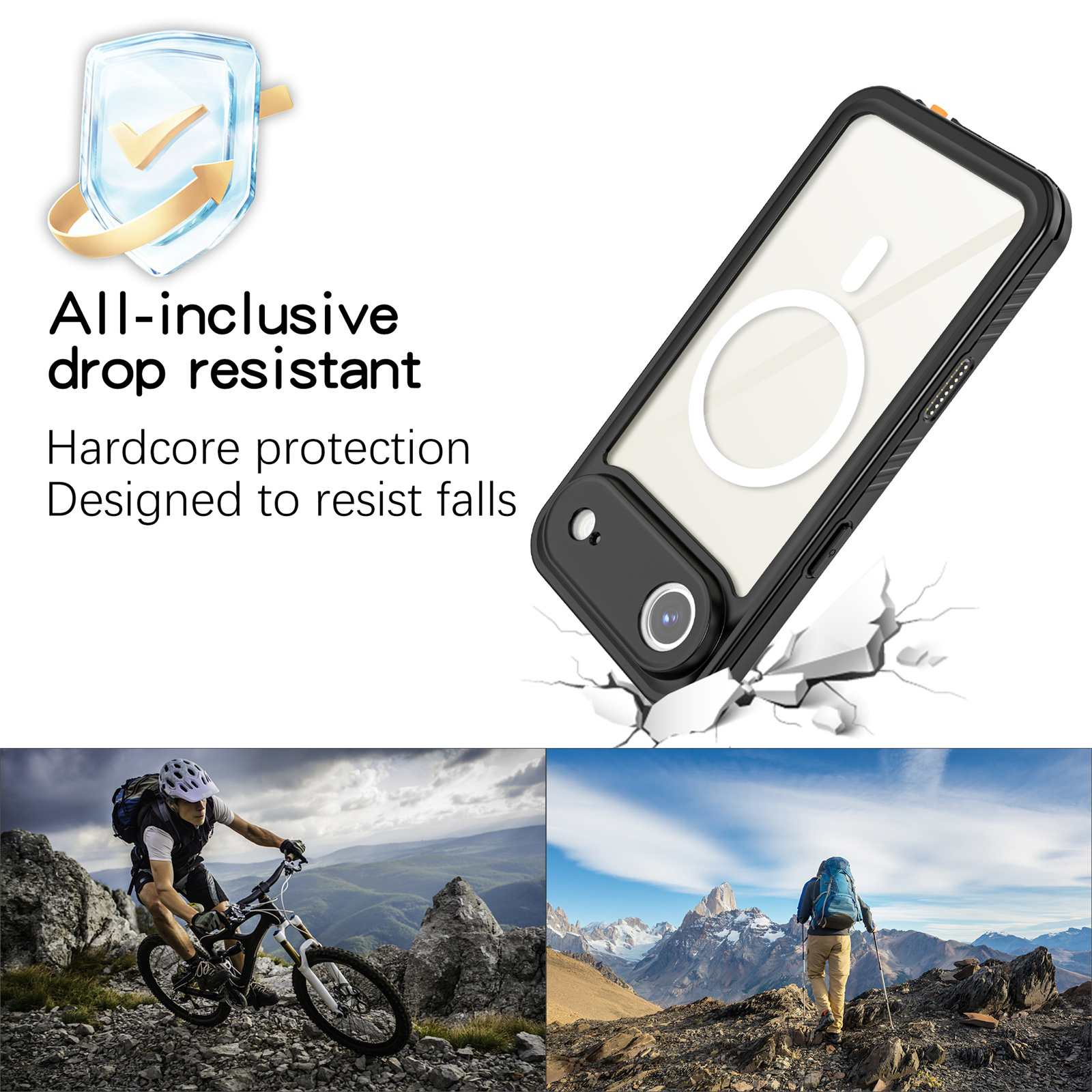 Das Bild zeigt eine Handyhülle mit Text und Mountainbikern. Die Hülle ist sturzsicher. Enthält einen Wanderer. Hintergrund zeigt Berge und Himmel.