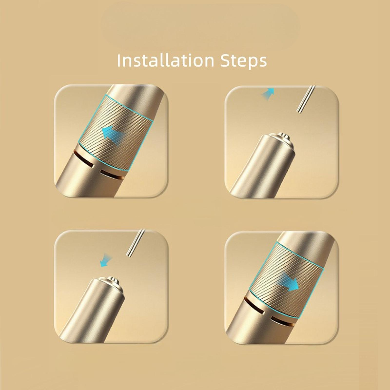 Installationsschritte mit einem metallischen zylindrischen Gerät und einem dünnen Metallstab. Pfeile zeigen die Montage an.