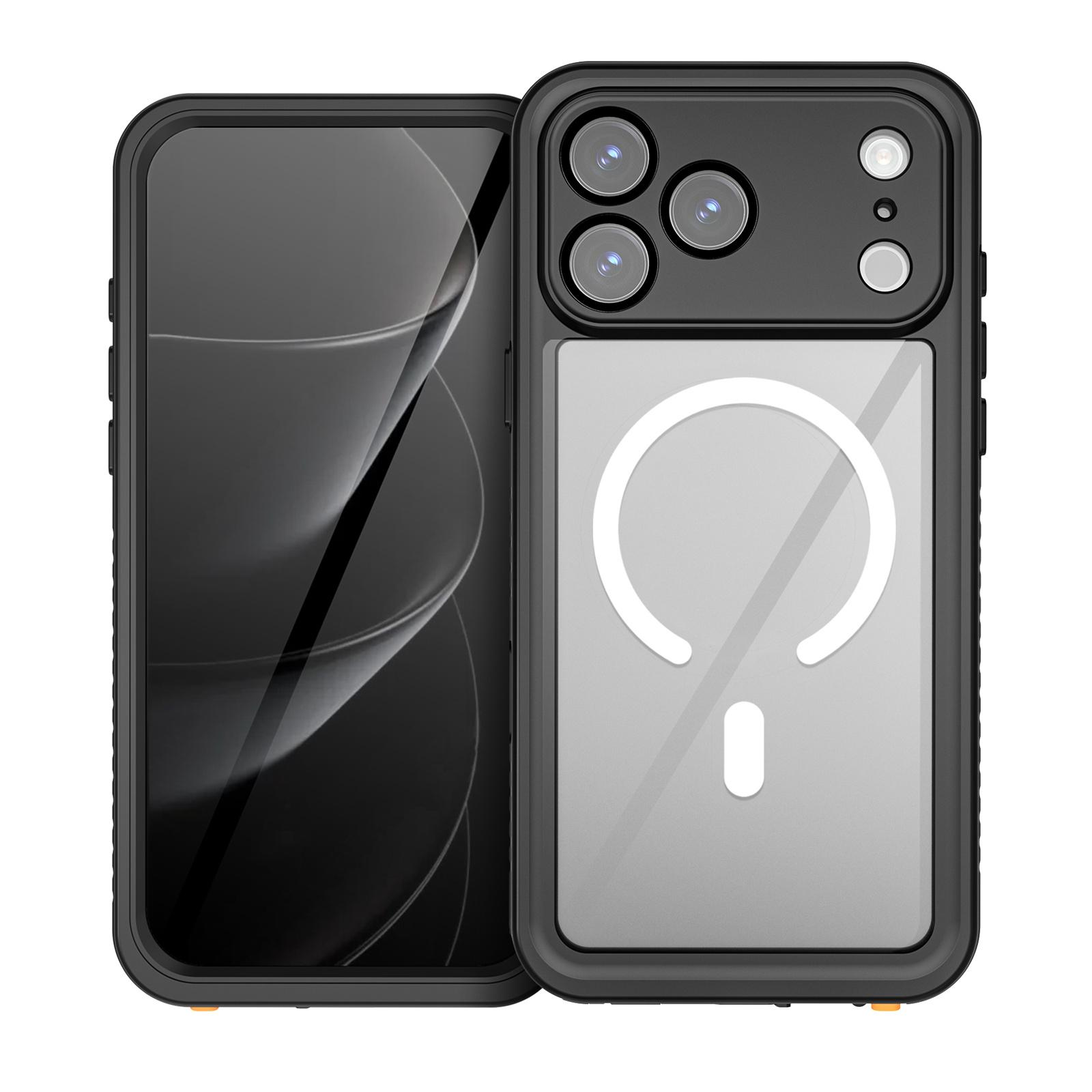 Schwarze Handyhülle mit Telefon. Hat Kameramodul, transparente Rückseite mit weißem Kreis und Linie.