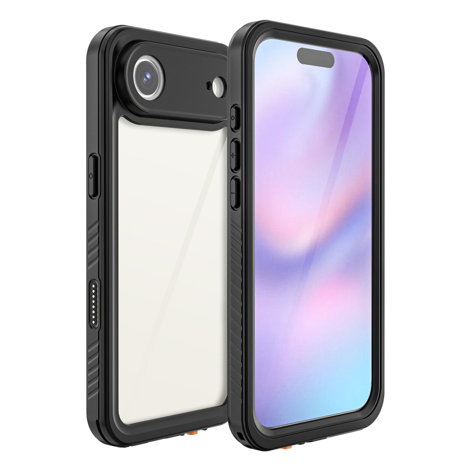 Schwarze Handyhülle mit klarem Displayschutz, die ein Telefon zeigt. Die Hülle hat Knöpfe und einen Kameraausschnitt.