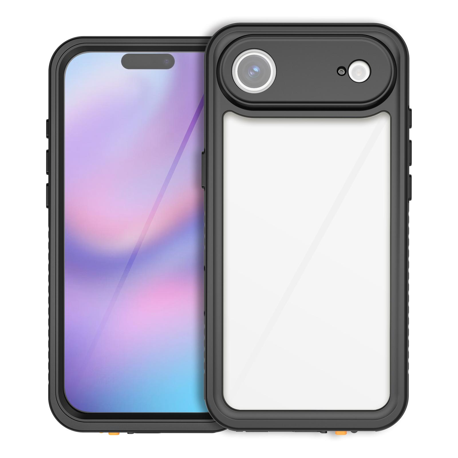 Ein Telefon mit einer schwarzen Schutzhülle. Der Bildschirm des Telefons zeigt einen bunten Hintergrund. Die Hülle hat eine transparente Rückseite.