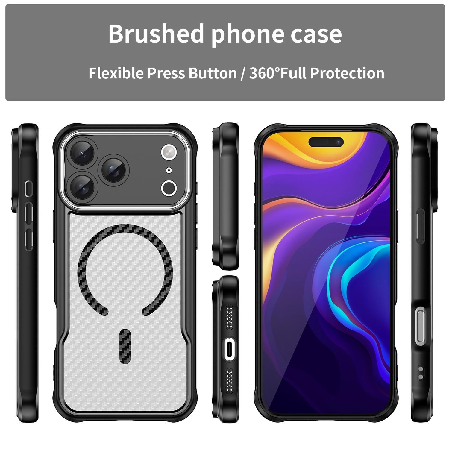 Eine schwarze Handyhülle mit Carbonfaser-Design und einem lila-gelben Handy-Bildschirm. Mehrere Ansichten der Hülle sind gezeigt.