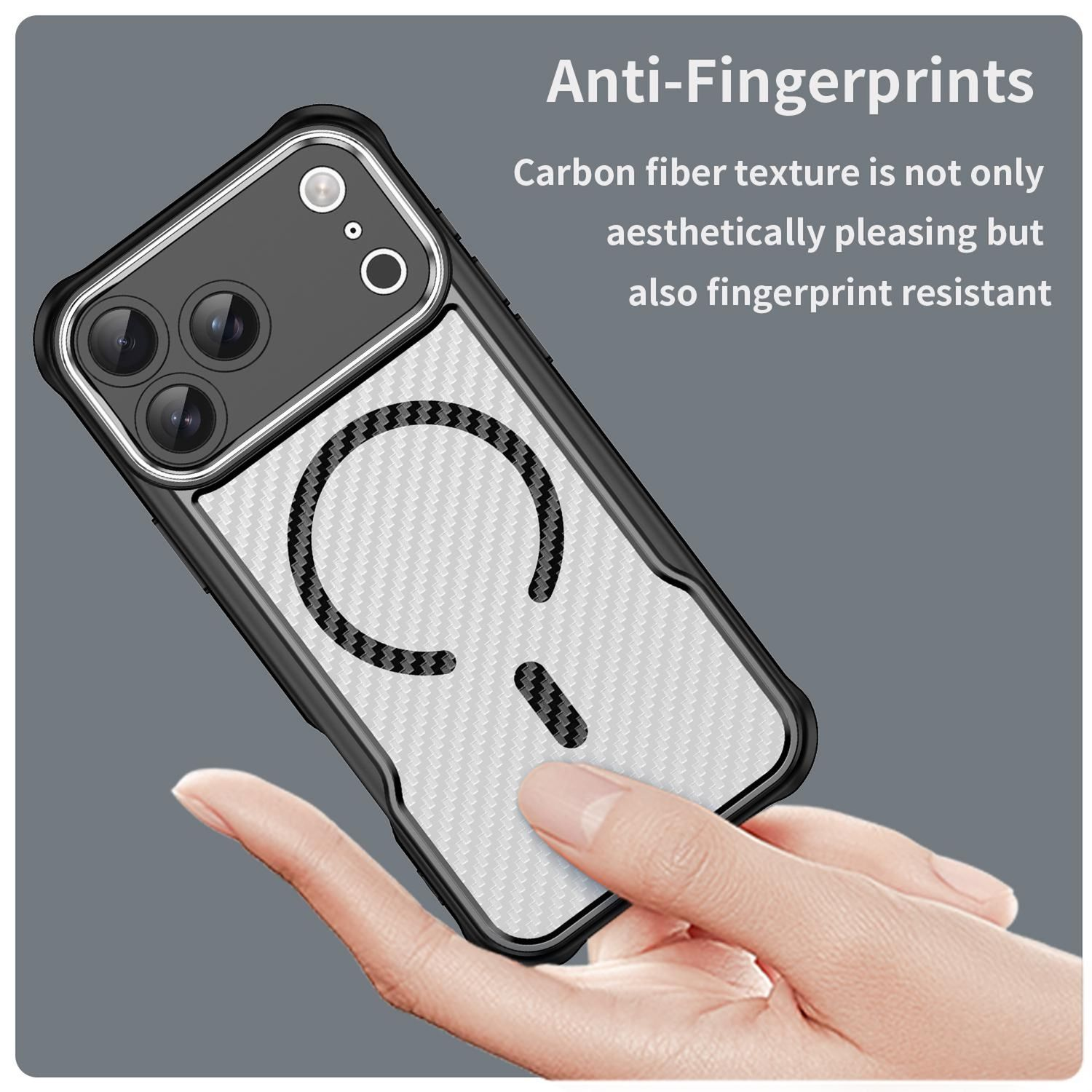 Eine Hand hält eine Handyhülle. Die Hülle ist schwarz und weiß, mit einer Kohlefaserstruktur. Der Text lautet 'Anti-Fingerprints'.