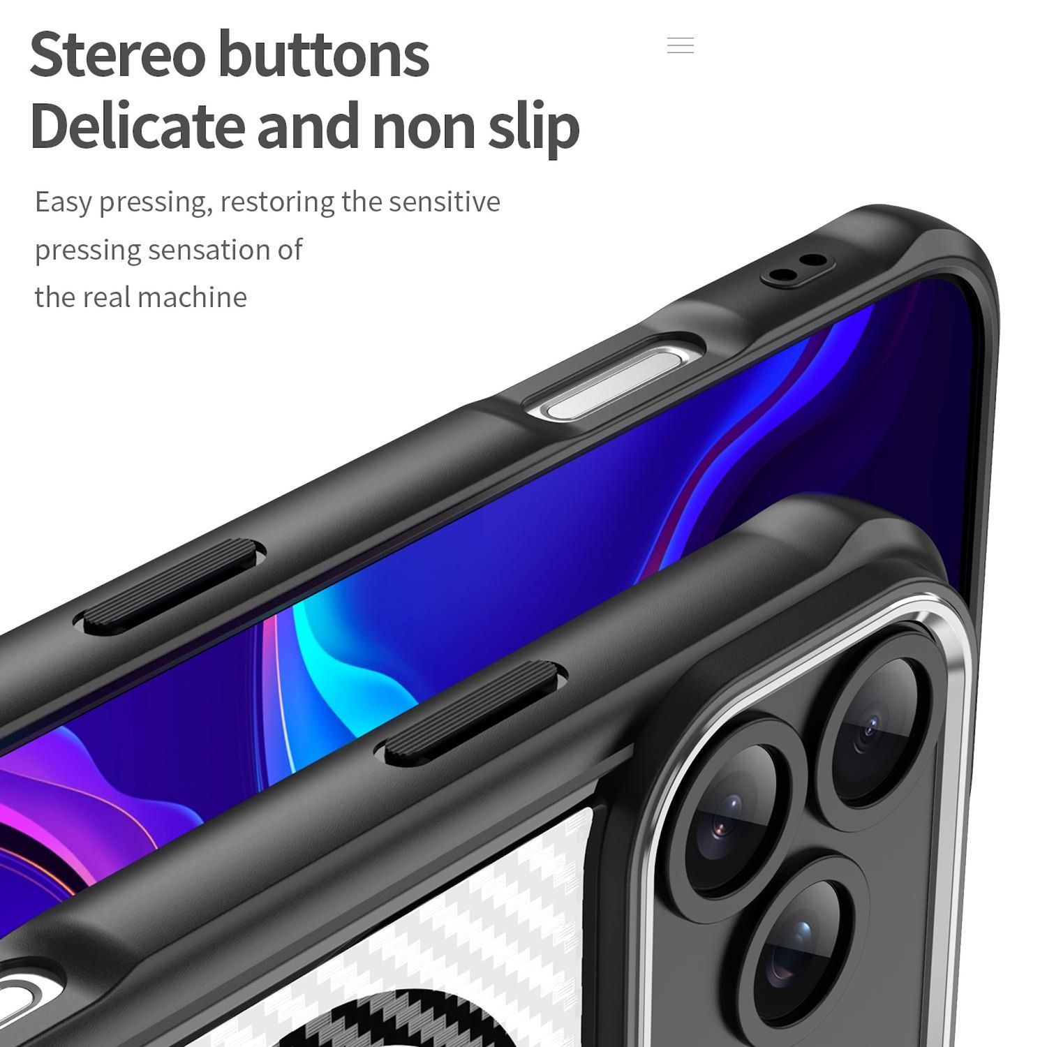 Nahaufnahme einer schwarzen Handyhülle mit Stereotasten. Der Bildschirm zeigt ein blaues und violettes abstraktes Design. Der Hintergrund ist weiß.
