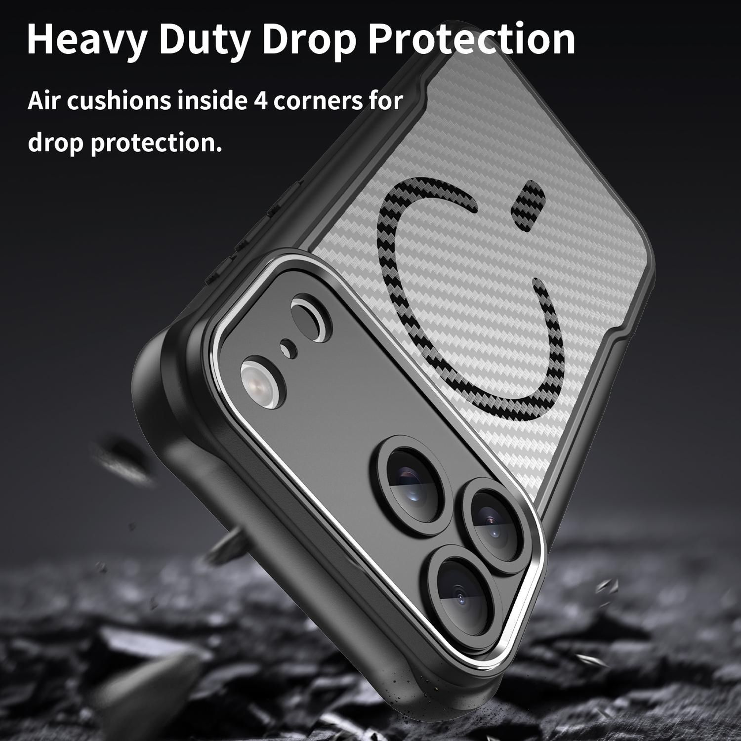 Eine schwarze Handyhülle mit Carbonfaser-Rückseite und Kameralinsen. Oben steht: "Heavy Duty Drop Protection".